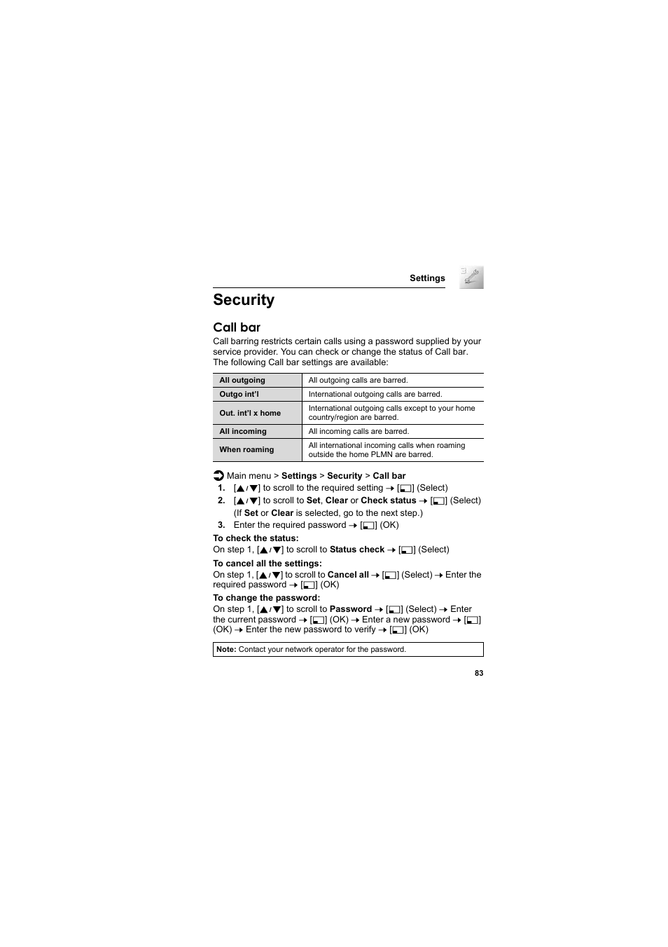 Security, Call bar | Panasonic EB-SC3 User Manual | Page 86 / 138