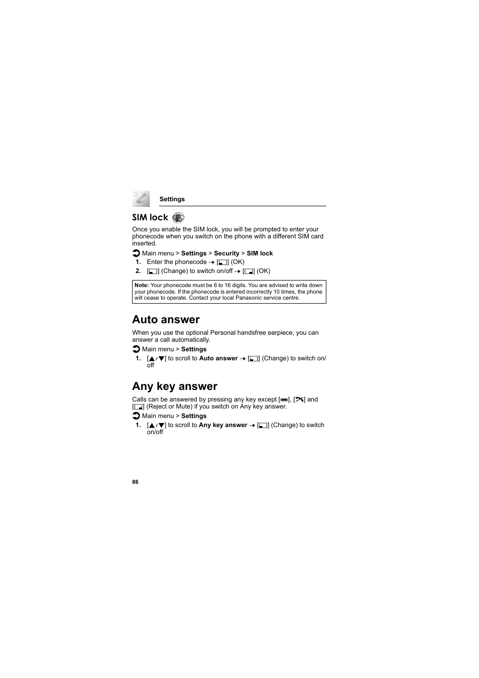 Auto answer, Any key answer, Auto answer any key answer | Sim lock | Panasonic EB-SC3 User Manual | Page 89 / 138