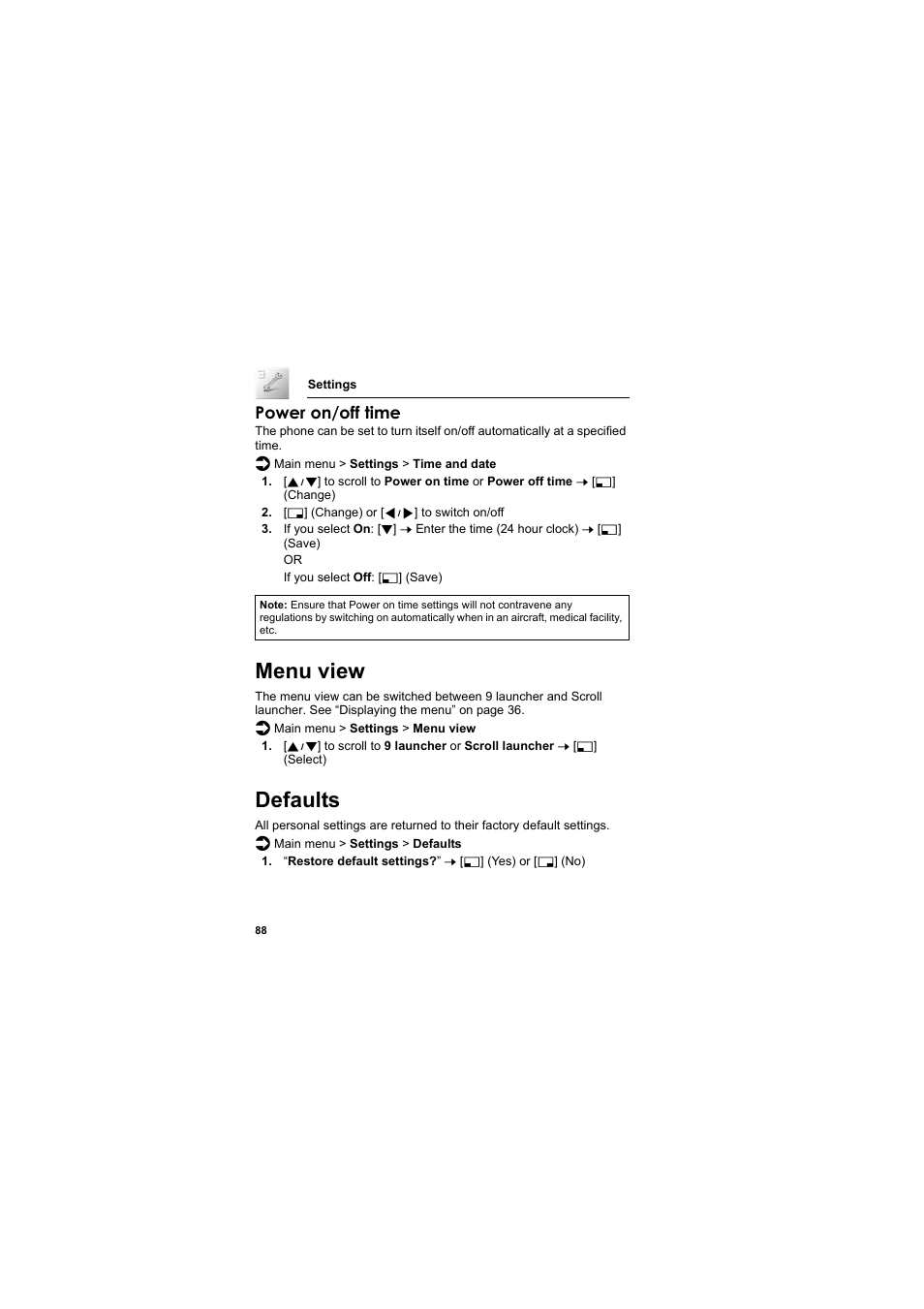 Menu view, Defaults, Menu view defaults | Power on/off time | Panasonic EB-SC3 User Manual | Page 91 / 138