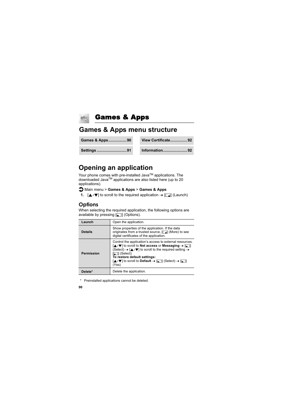 Games & apps, Opening an application, Games & apps menu | Structure, Games & apps opening an application, Games & apps menu structure, Options | Panasonic EB-SC3 User Manual | Page 93 / 138