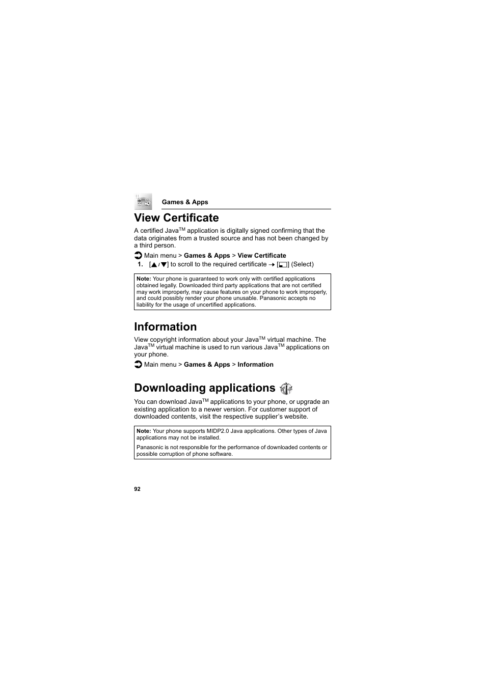 View certificate, Information, Downloading applications | Panasonic EB-SC3 User Manual | Page 95 / 138