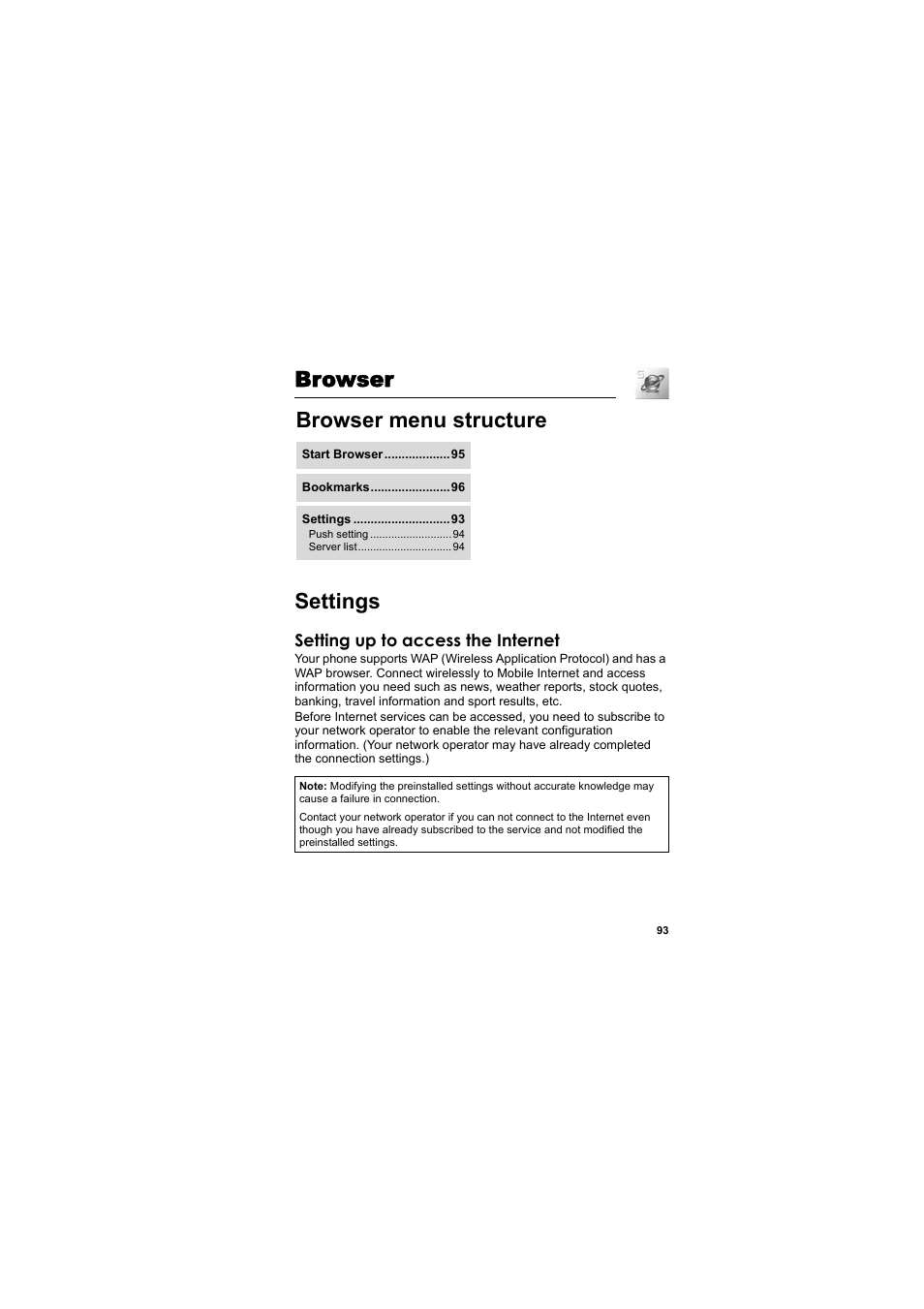Browser, Settings, Browser menu structure settings | Browser settings, Browser menu structure | Panasonic EB-SC3 User Manual | Page 96 / 138