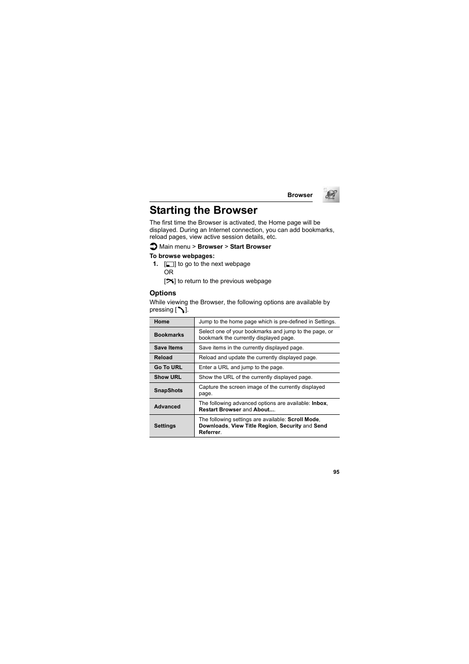 Starting the browser | Panasonic EB-SC3 User Manual | Page 98 / 138