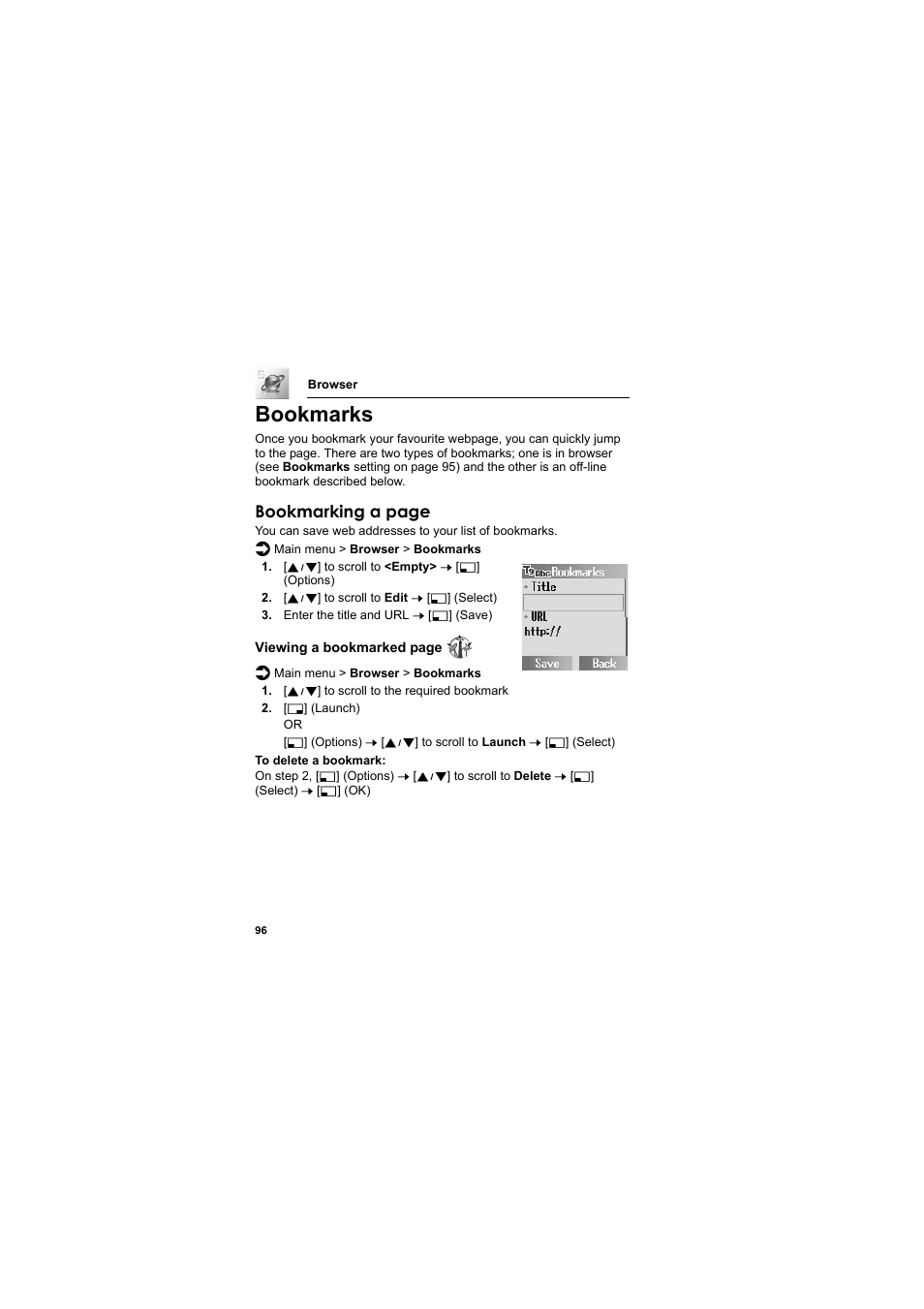Bookmarks, Bookmarking a page | Panasonic EB-SC3 User Manual | Page 99 / 138