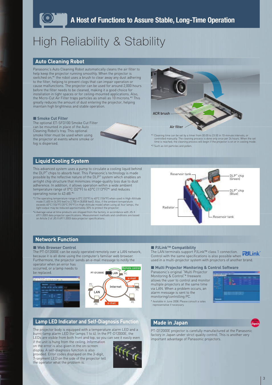 Sxga, A 3-chip dlp, Excellent system functions | High reliability & stability, High brightness, High image quality, Adapts to a variety of environments, Universal design, Lens shift, A wide selection of lenses | Panasonic PT-D12000E User Manual | Page 4 / 6
