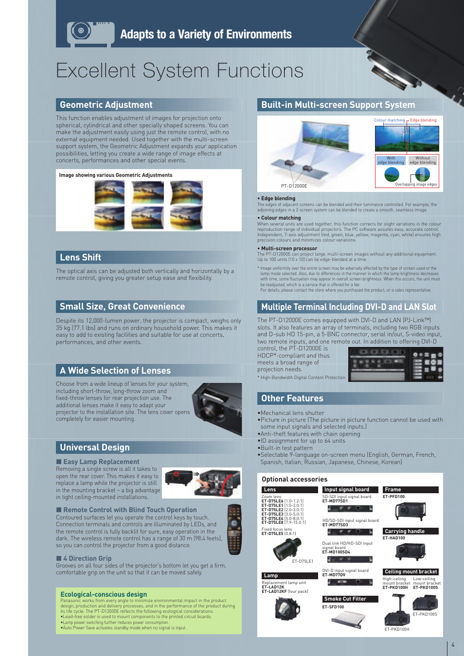 Sxga, A 3-chip dlp, Excellent system functions | High reliability & stability, High brightness, High image quality, Adapts to a variety of environments, Universal design, Lens shift, A wide selection of lenses | Panasonic PT-D12000E User Manual | Page 5 / 6