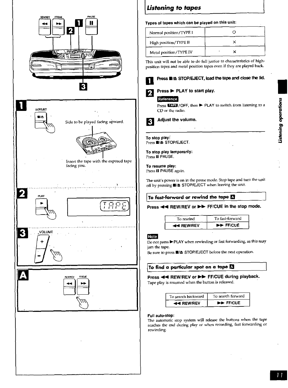 Types of tapes which can be played on this unit, Reference, Adjust the volume | To stop play, To stop play temporarily, To resume play, Press -4^ rew/rev or ►► ff/cue in the stop mode, Press ^ rew/rev or ►► ff/cue during playback, Full auto-stop, Listening to tapes | Panasonic PORTABLE STEREO RX-DS16 User Manual | Page 11 / 16