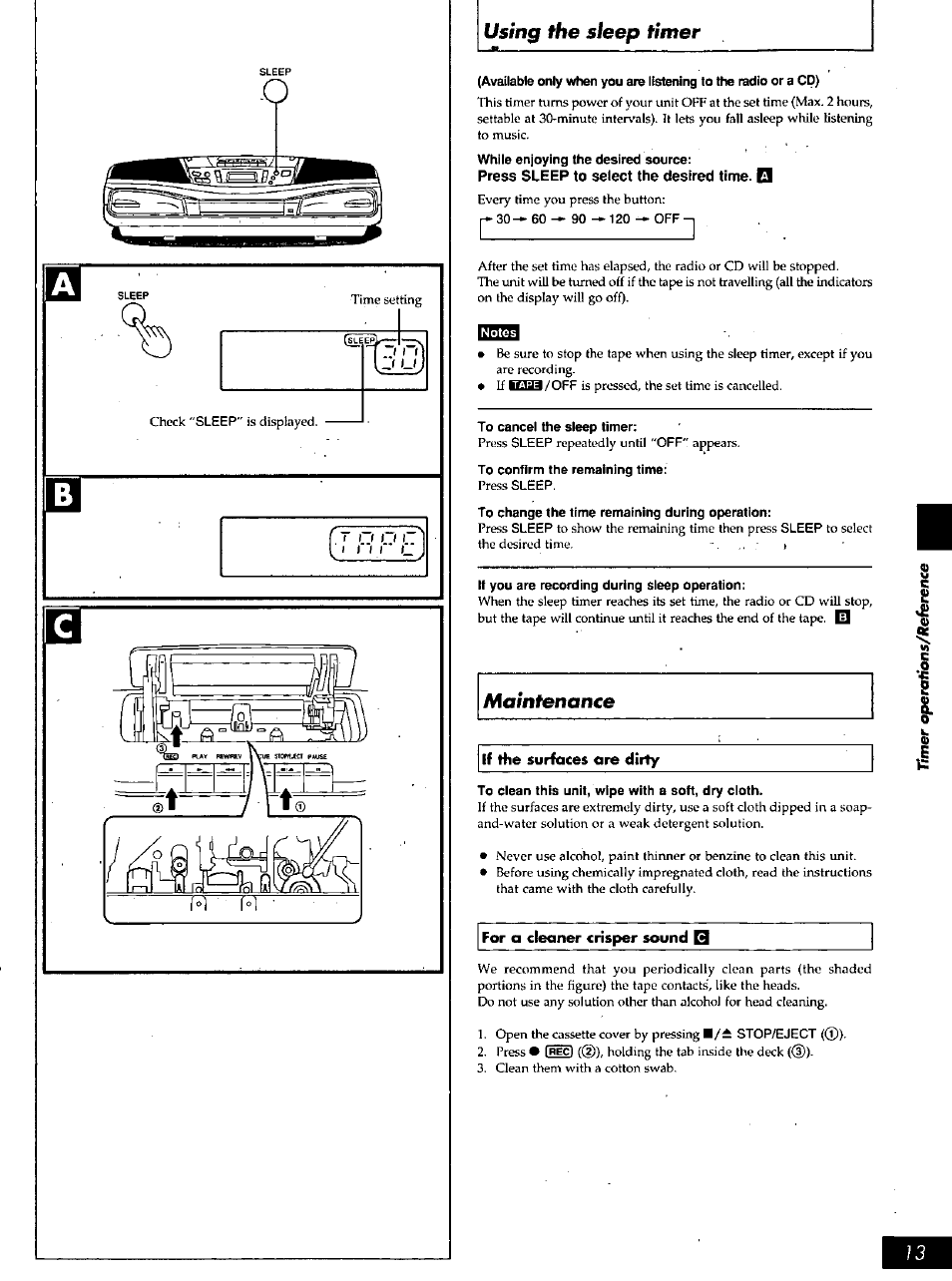While enjoying the desired source, To cancel the sleep timer, To confirm the remaining time | To change the time remaining during operation | Panasonic PORTABLE STEREO RX-DS16 User Manual | Page 13 / 16