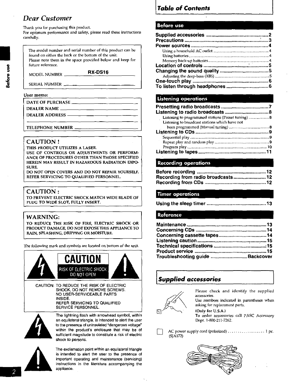 Dear customer, Caution, Warning | Before use | Panasonic PORTABLE STEREO RX-DS16 User Manual | Page 2 / 16