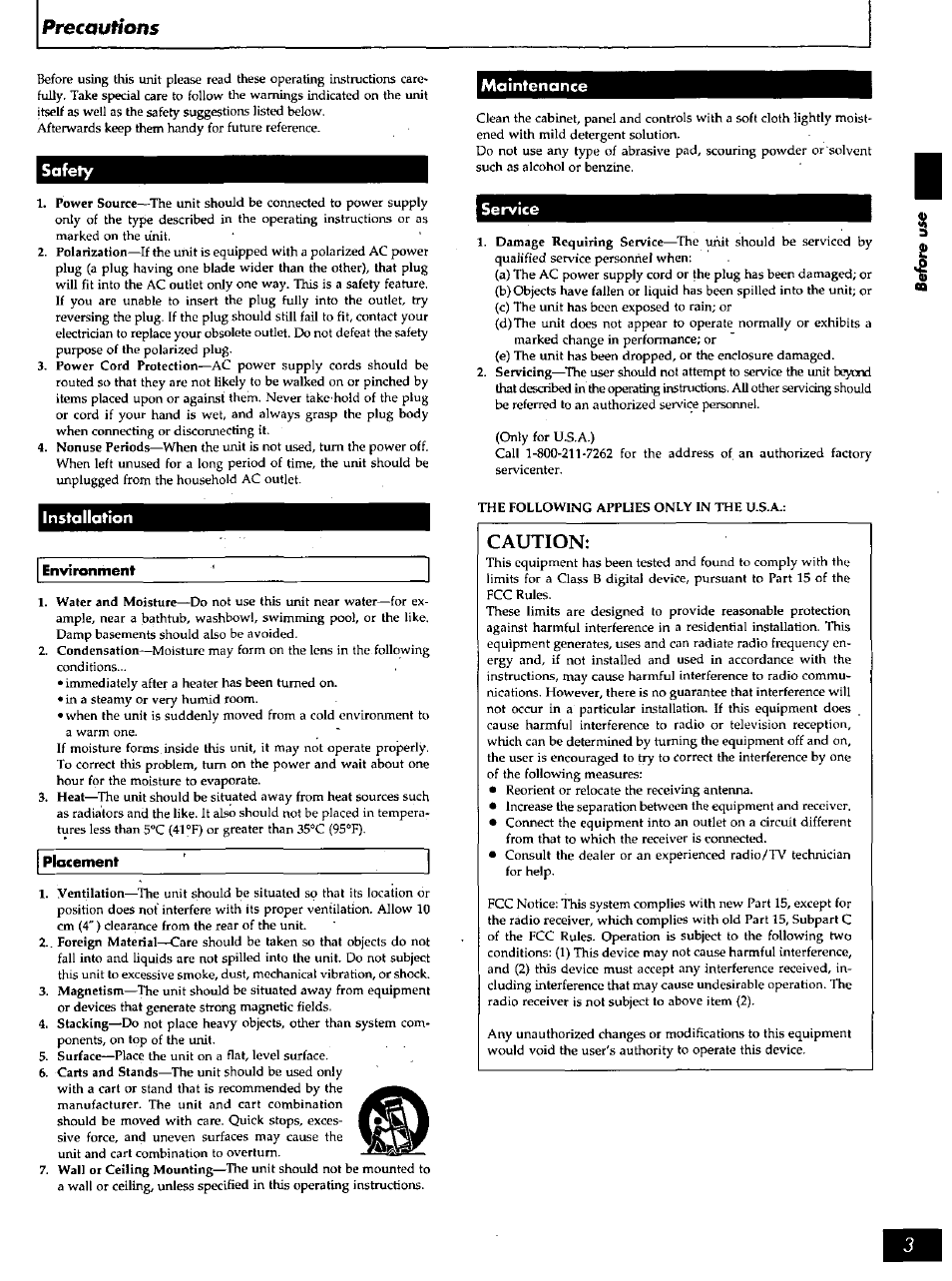 Safety, Installation, Maintenance | Service, Precautions | Panasonic PORTABLE STEREO RX-DS16 User Manual | Page 3 / 16