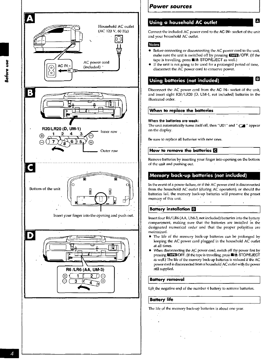 Using a household ac outlet, Using batteries (not included), When the batteries are weak | Memory back-up batteries (not included) | Panasonic PORTABLE STEREO RX-DS16 User Manual | Page 4 / 16