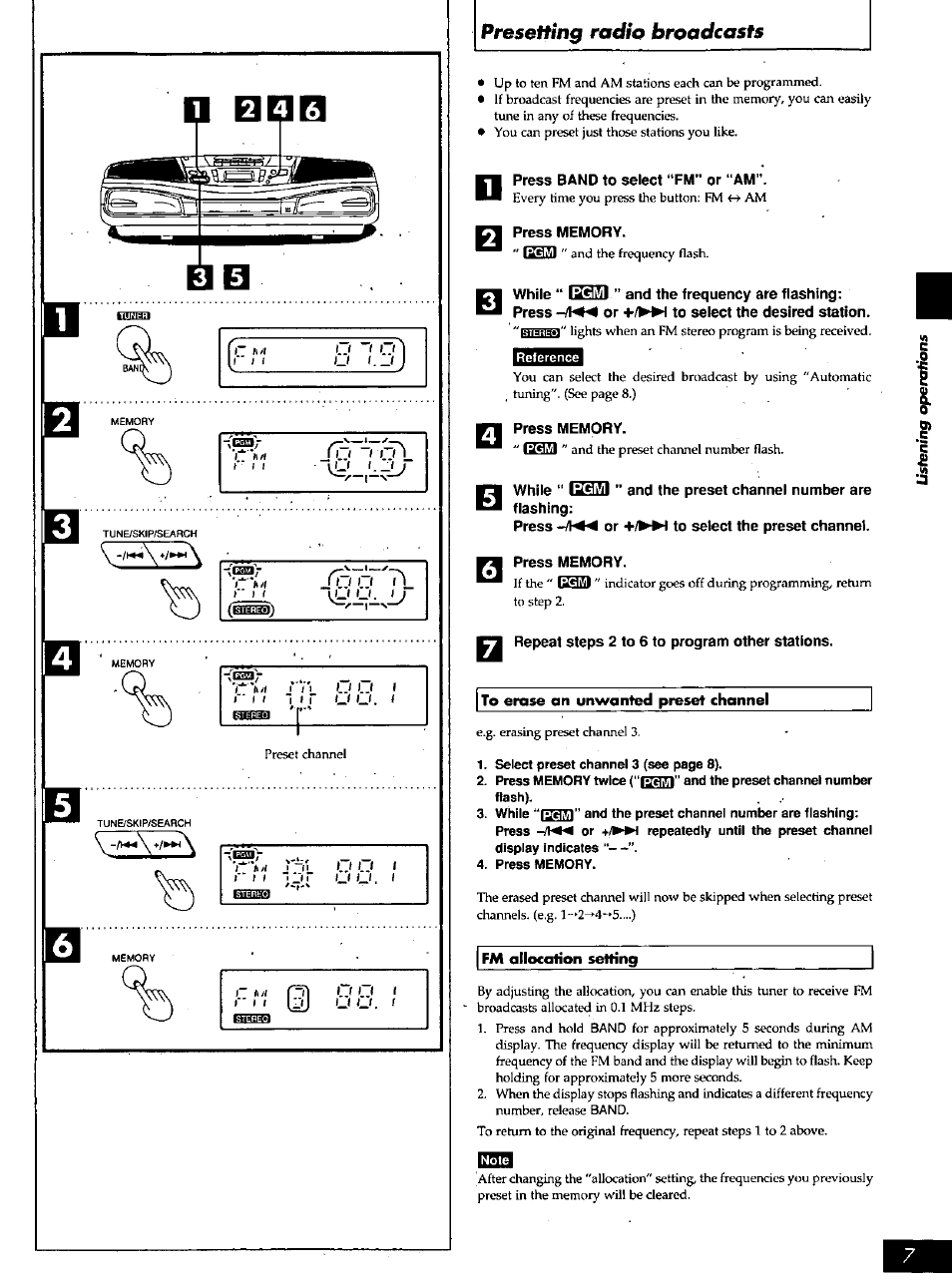 Rr-r-r, V-/h«\+/^*a, Press band to select “fm” or “am | Press memory, While “ ” and the preset channel number are, Repeat steps 2 to 6 to program other stations, Presetting radio broadcasts | Panasonic PORTABLE STEREO RX-DS16 User Manual | Page 7 / 16