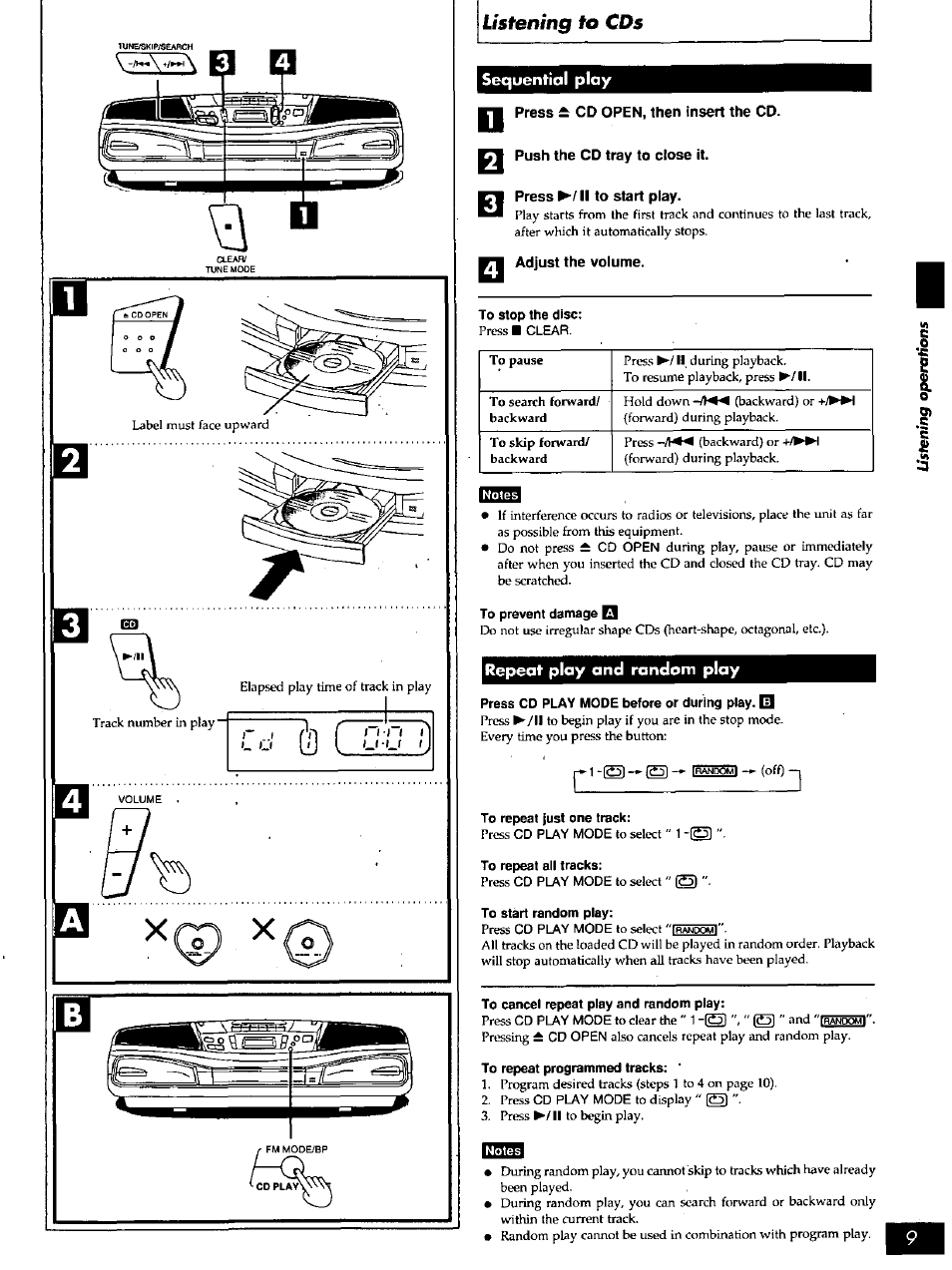 Sequential play, Press ± cd open, then insert the cd, Push the cd tray to close it | Press ip'/ ii to start play, Adjust the volume, To stop the disc, To prevent damage q, Repeat play and random play, Press cd play mode before or during play. q, To repeat just one track | Panasonic PORTABLE STEREO RX-DS16 User Manual | Page 9 / 16