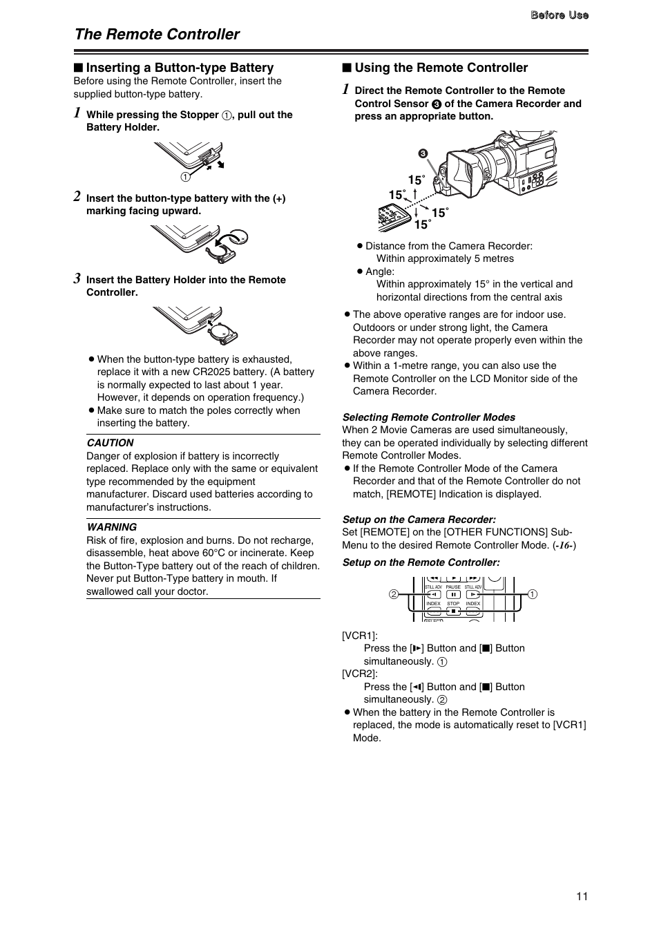 The remote controller, Inserting a button-type battery, Using the remote controller | Panasonic AG-DVC7P User Manual | Page 11 / 54