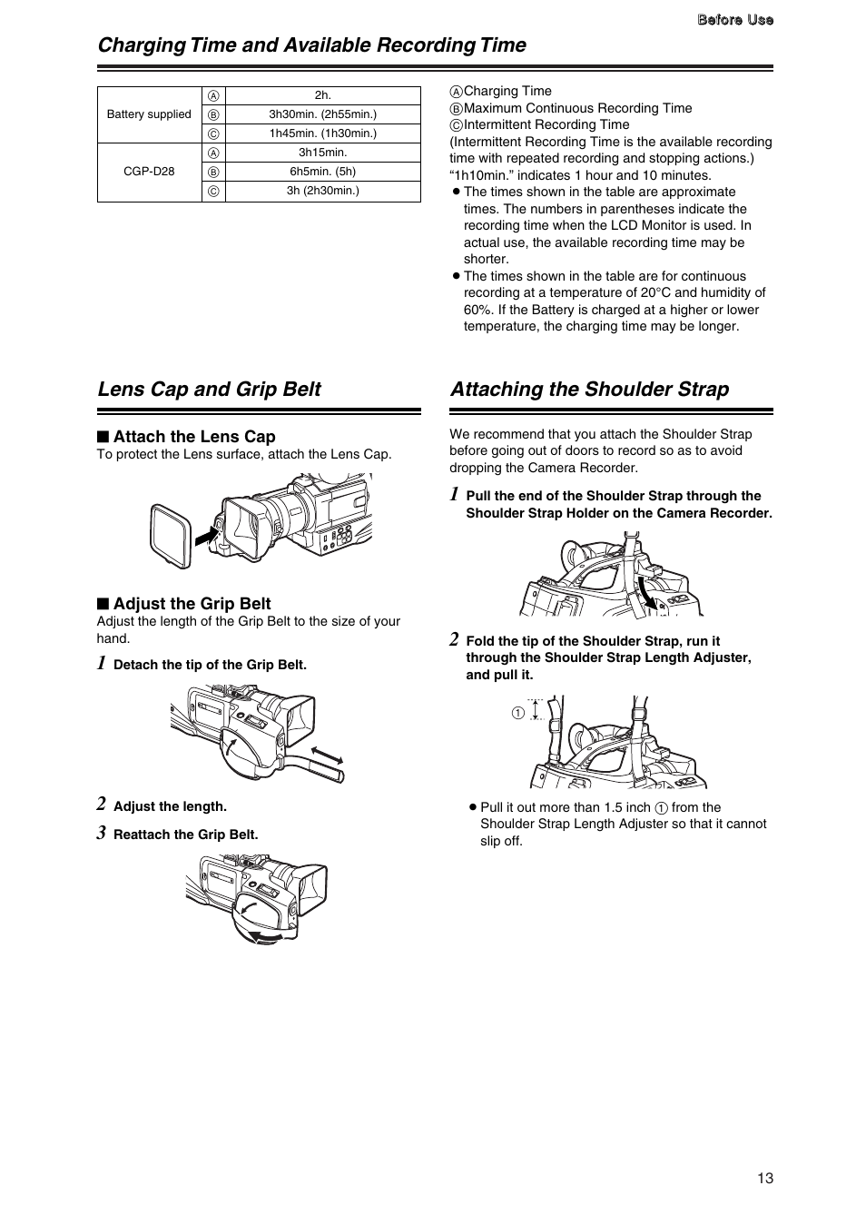 Charging time and available recording time, Lens cap and grip belt, Attaching the shoulder strap | Panasonic AG-DVC7P User Manual | Page 13 / 54