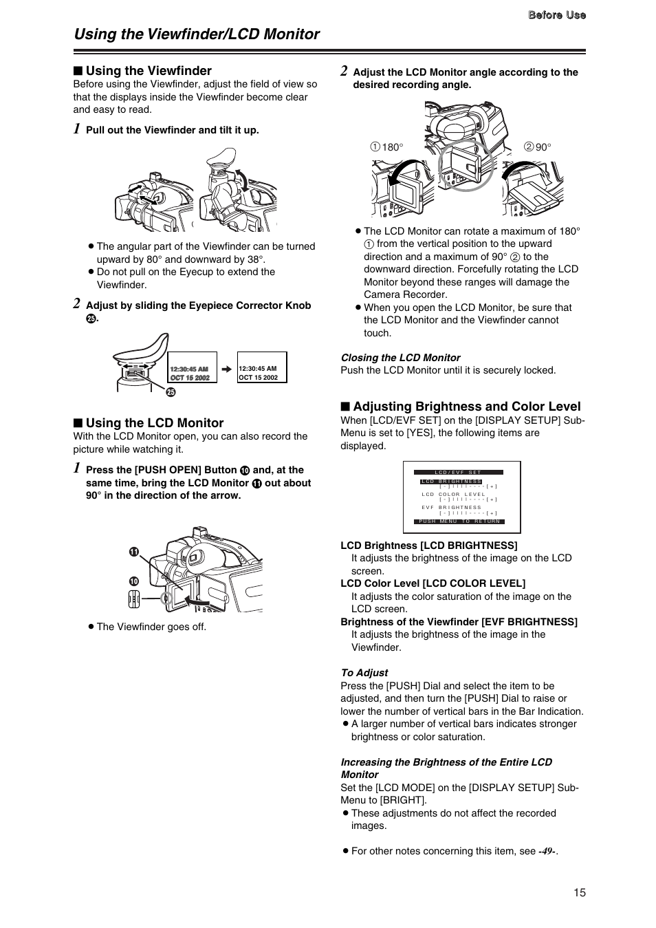 Using the viewfinder/lcd monitor, Using the viewfinder/lcd monitor 1, Using the viewfinder | Using the lcd monitor, Adjusting brightness and color level | Panasonic AG-DVC7P User Manual | Page 15 / 54