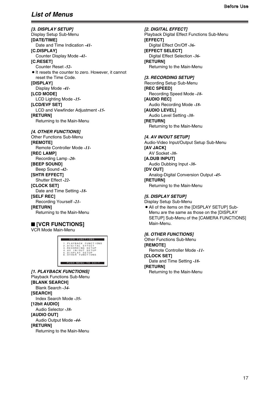 List of menus, Vcr functions | Panasonic AG-DVC7P User Manual | Page 17 / 54