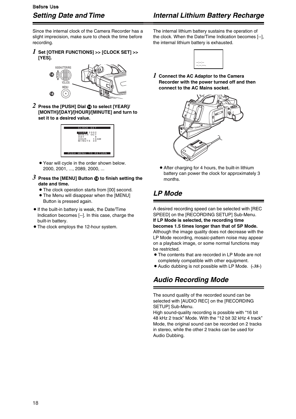 Setting date and time, Internal lithium battery recharge, Lp mode | Audio recording mode, Setting date and time 1 | Panasonic AG-DVC7P User Manual | Page 18 / 54