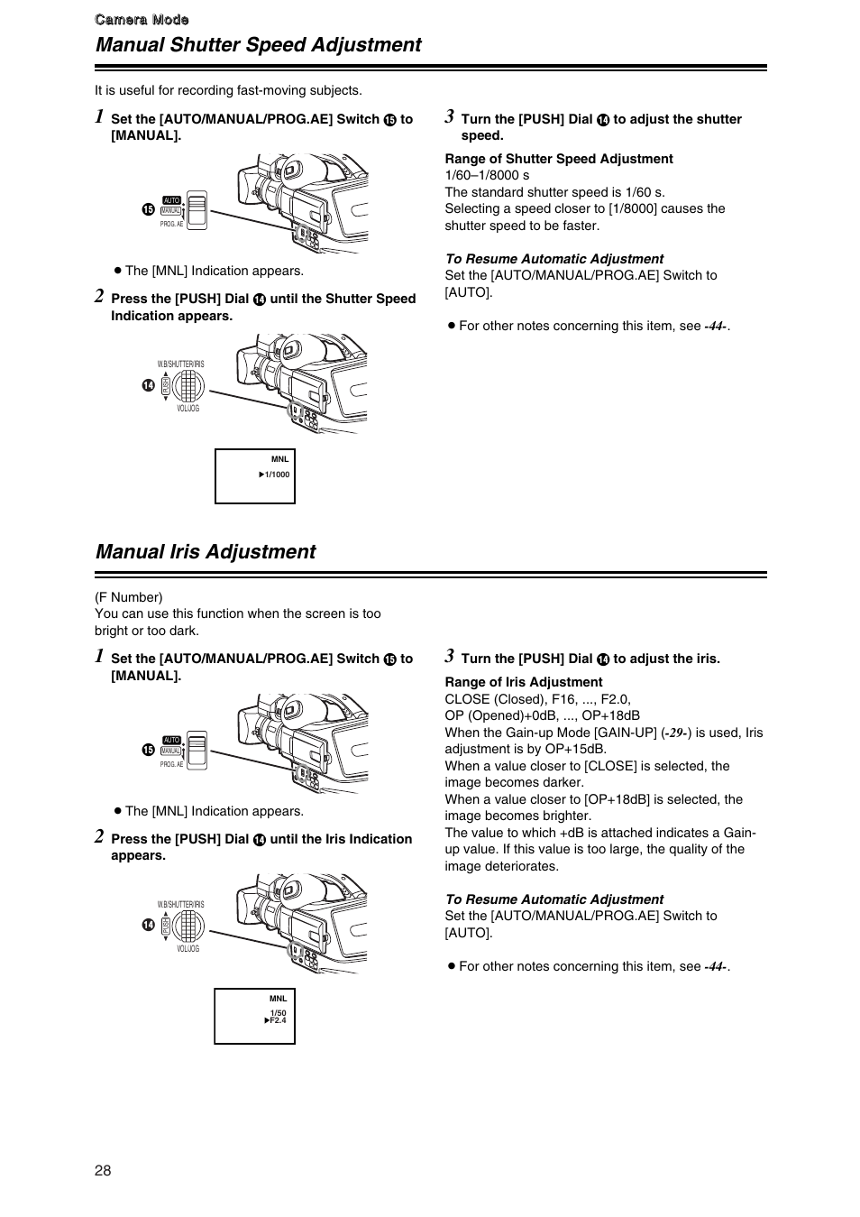 Manual shutter speed adjustment, Manual iris adjustment, Manual shutter speed adjustment 1 | Manual iris adjustment 1 | Panasonic AG-DVC7P User Manual | Page 28 / 54