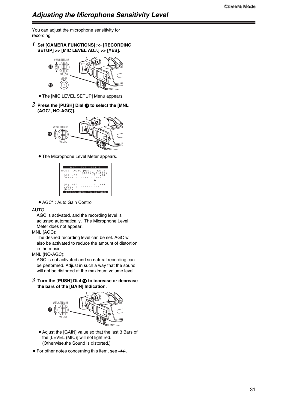 Adjusting the microphone sensitivity level, Adjusting the microphone sensitivity level 1 | Panasonic AG-DVC7P User Manual | Page 31 / 54
