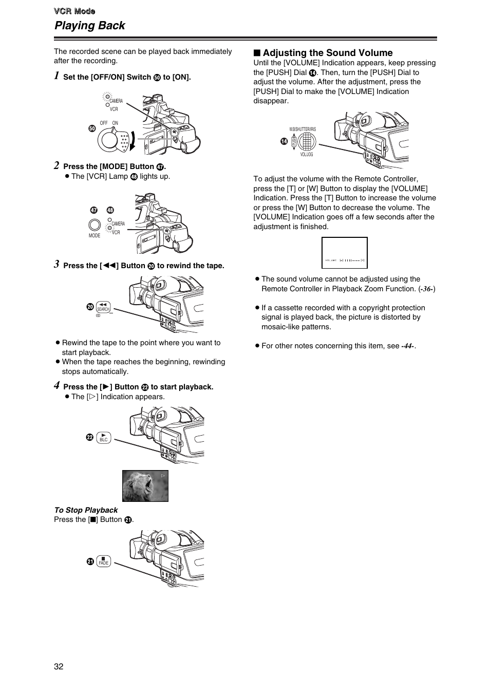 Playing back, Adjusting the sound volume | Panasonic AG-DVC7P User Manual | Page 32 / 54