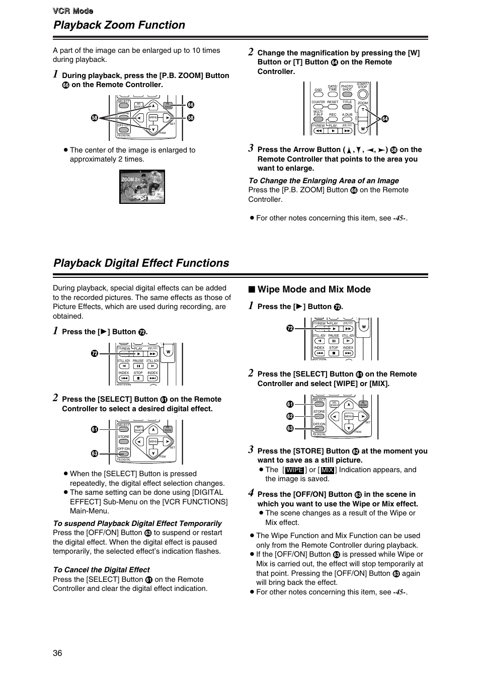 Playback zoom function, Playback digital effect functions, Wipe mode and mix mode | Panasonic AG-DVC7P User Manual | Page 36 / 54