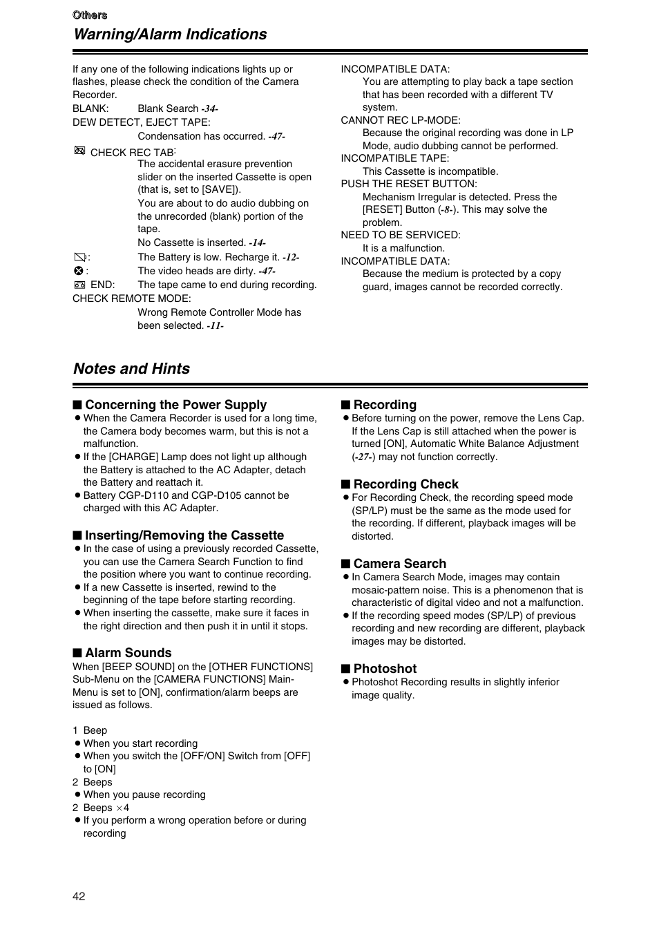 Warning/alarm indications, Notes and hints | Panasonic AG-DVC7P User Manual | Page 42 / 54