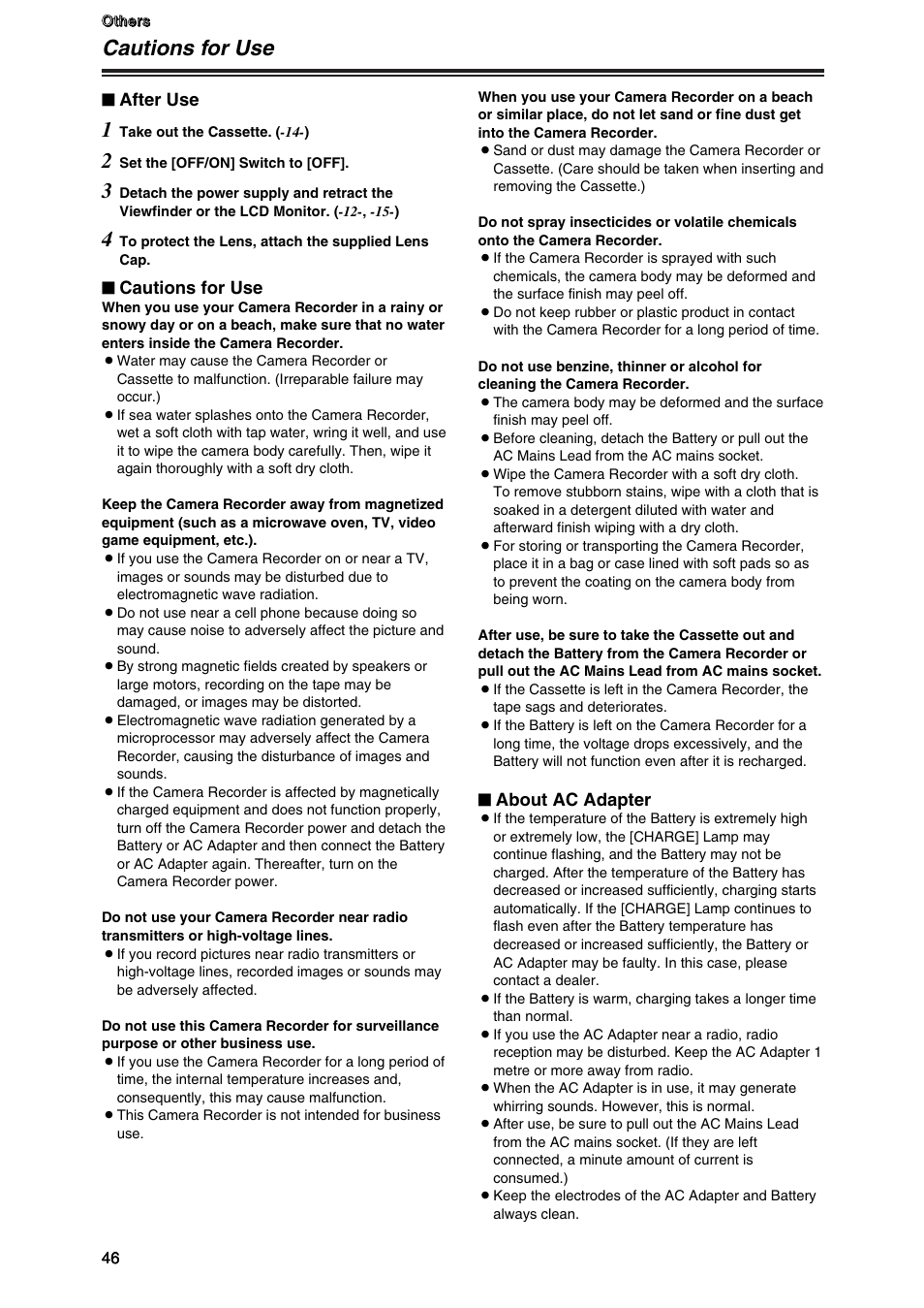 Cautions for use, After use, About ac adapter | Panasonic AG-DVC7P User Manual | Page 46 / 54