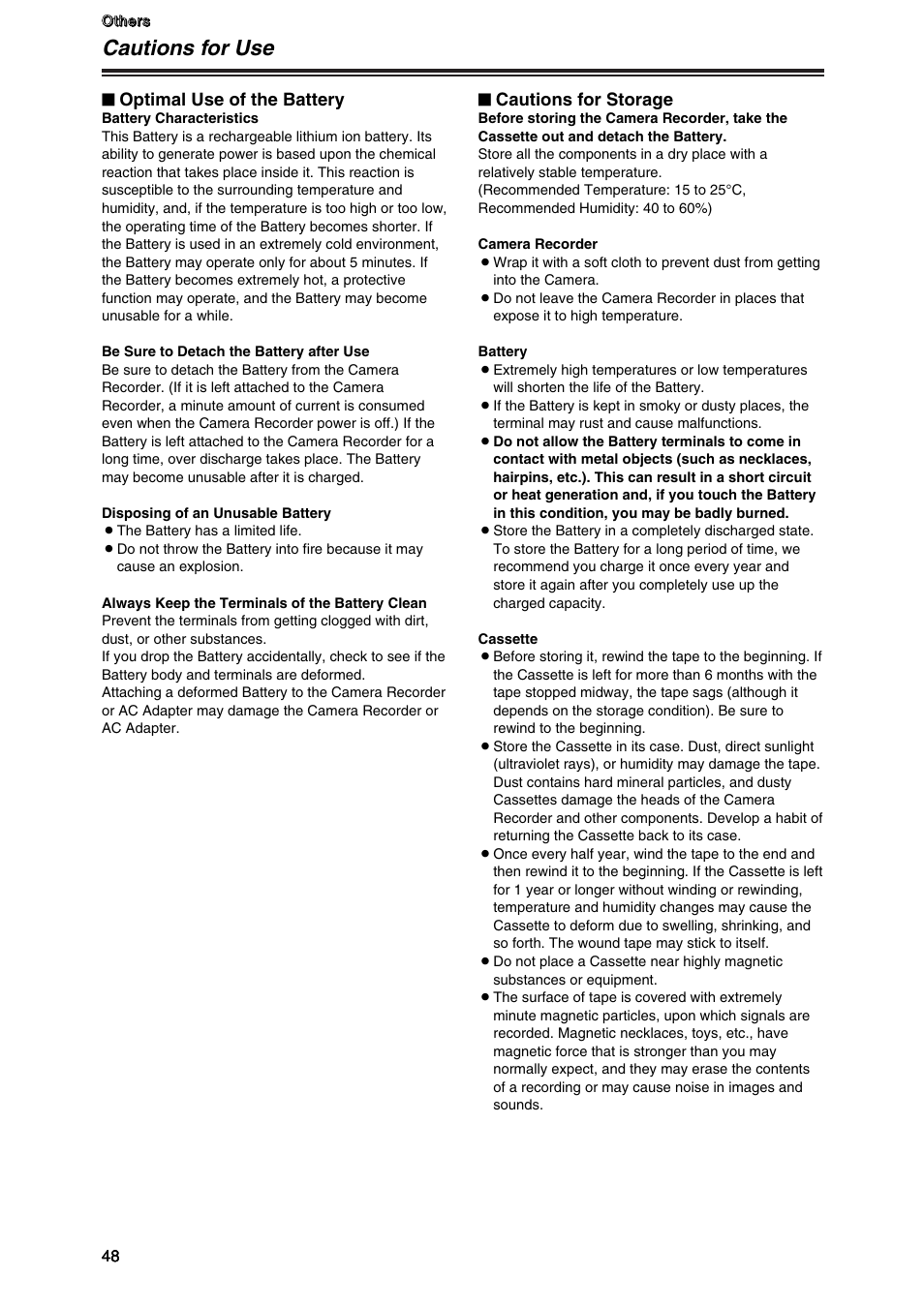 Cautions for use, Optimal use of the battery, Cautions for storage | Panasonic AG-DVC7P User Manual | Page 48 / 54