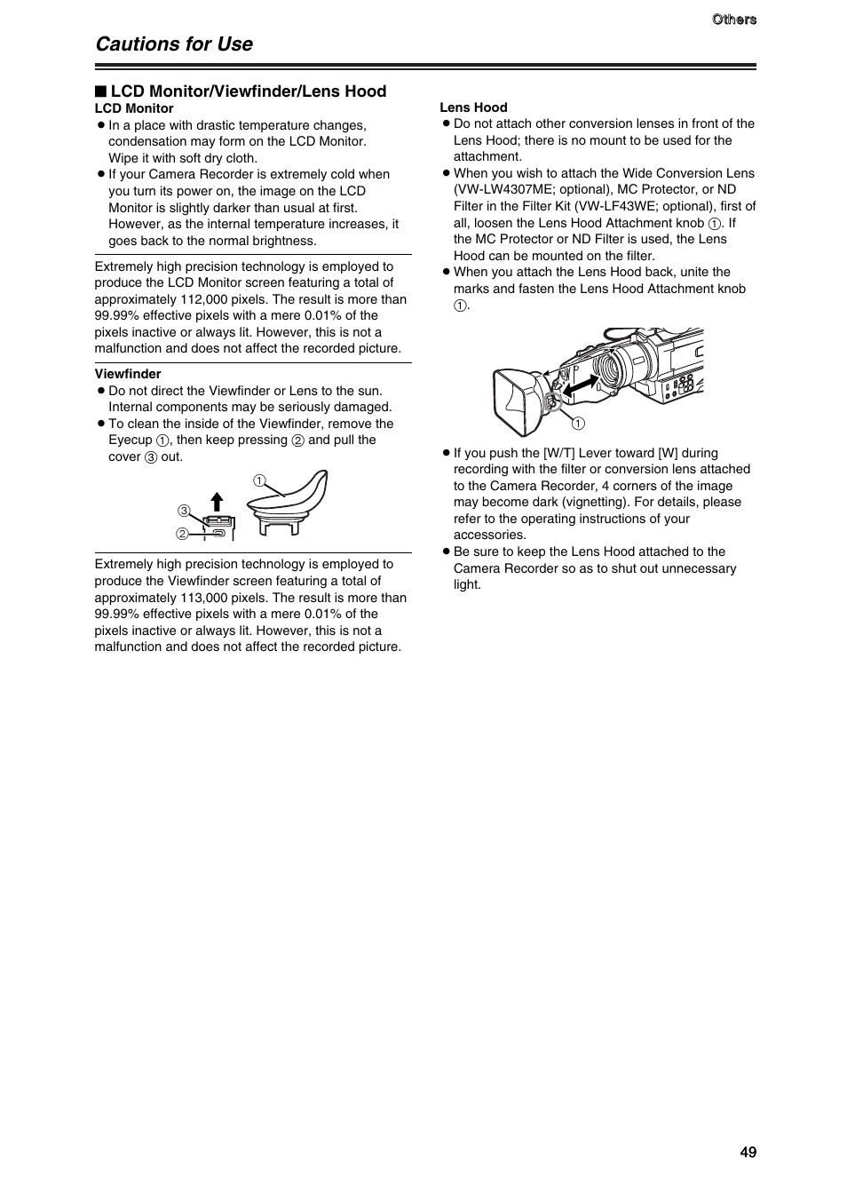 Cautions for use, Lcd monitor/viewfinder/lens hood | Panasonic AG-DVC7P User Manual | Page 49 / 54
