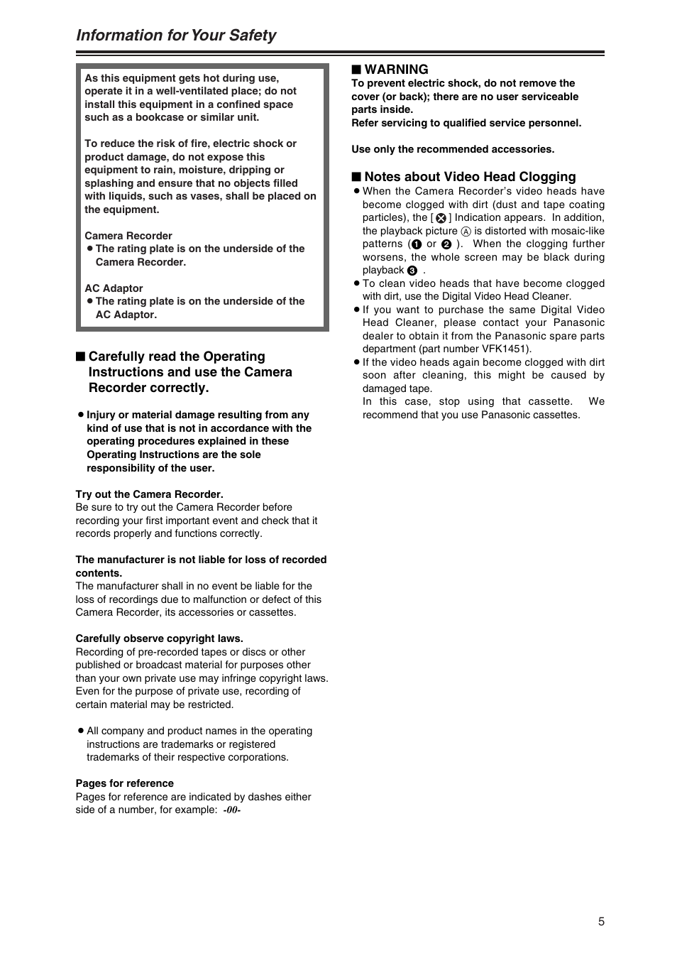 Information for your safety | Panasonic AG-DVC7P User Manual | Page 5 / 54