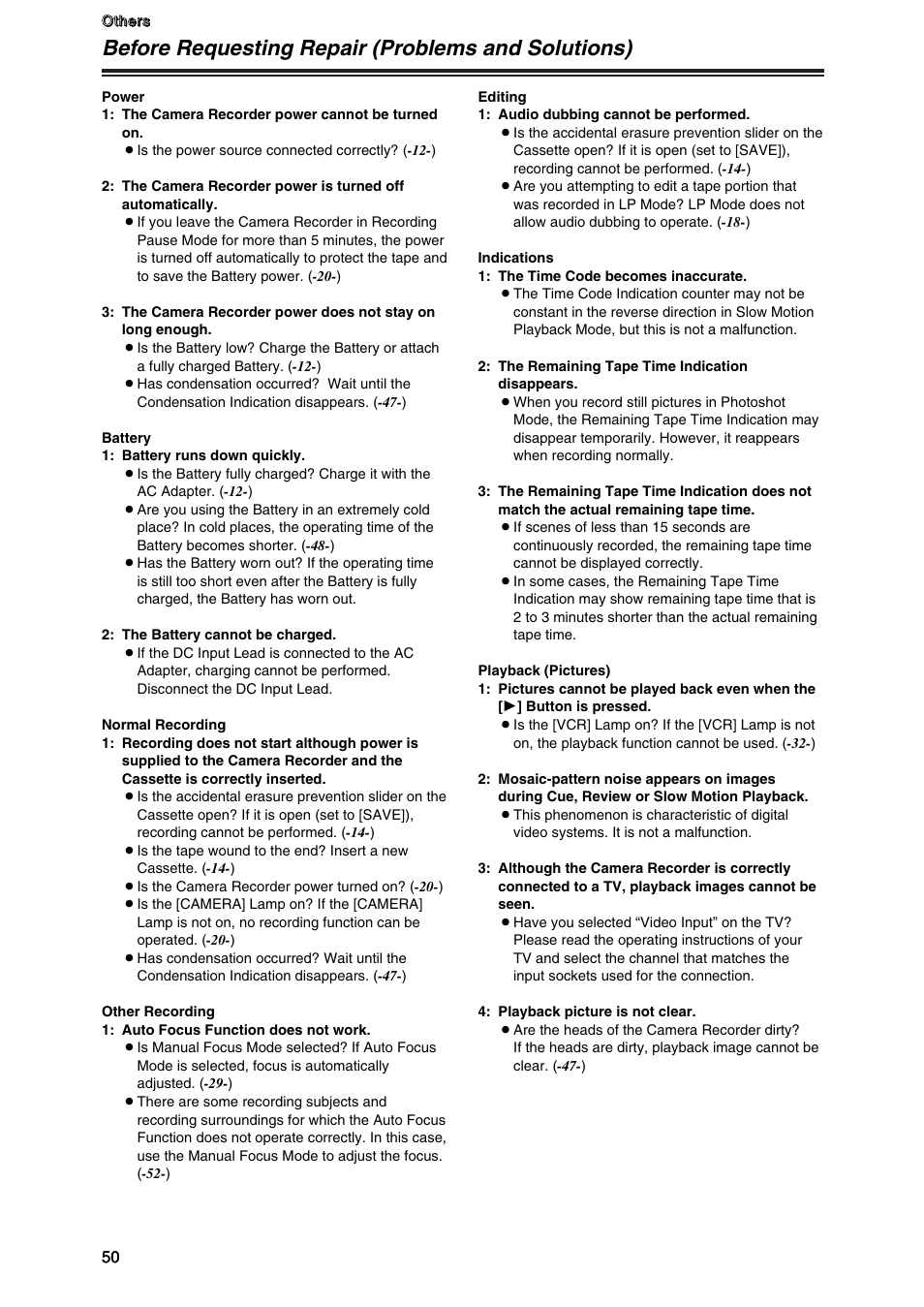 Before requesting repair (problems and solutions) | Panasonic AG-DVC7P User Manual | Page 50 / 54