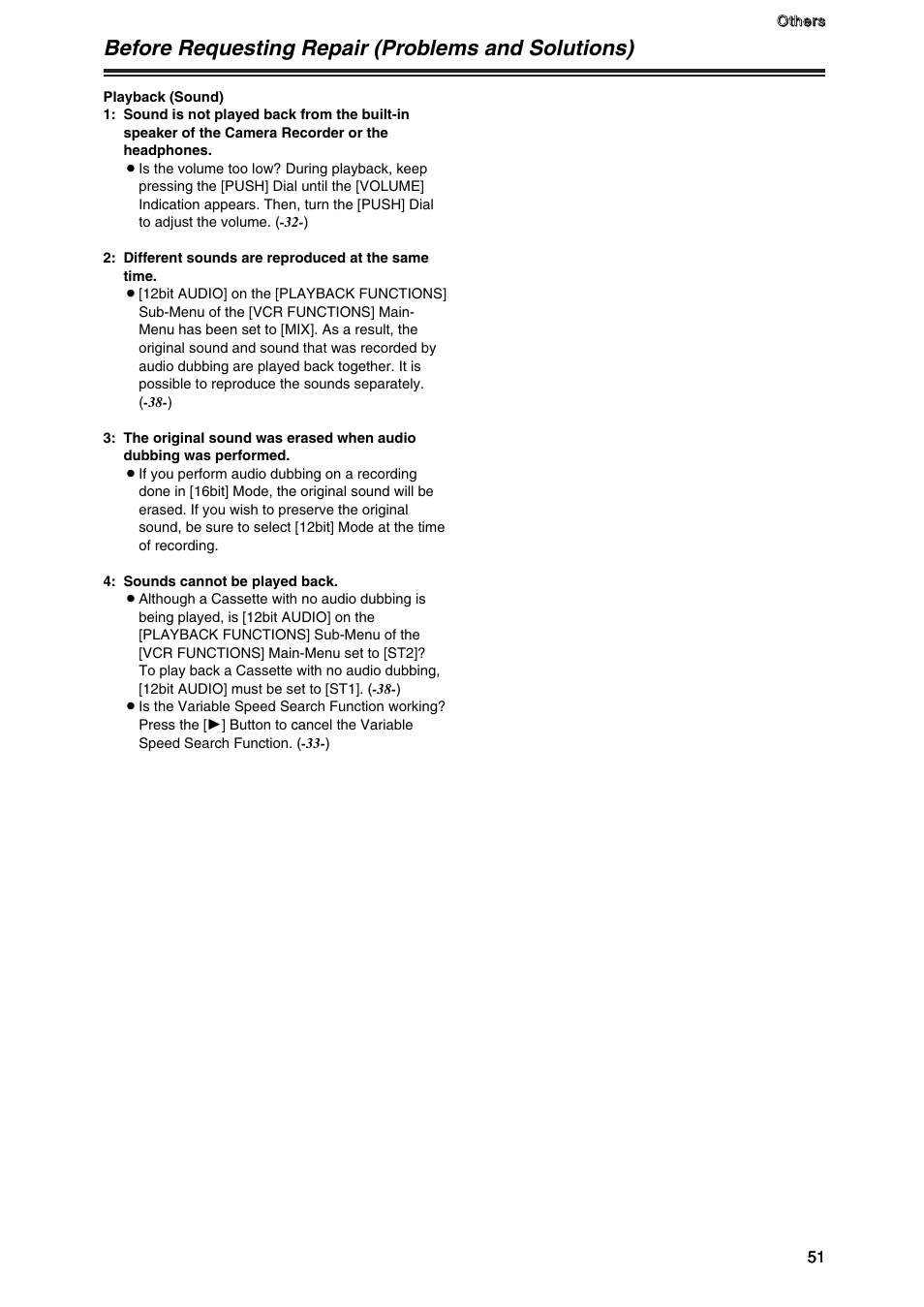 Before requesting repair (problems and solutions) | Panasonic AG-DVC7P User Manual | Page 51 / 54
