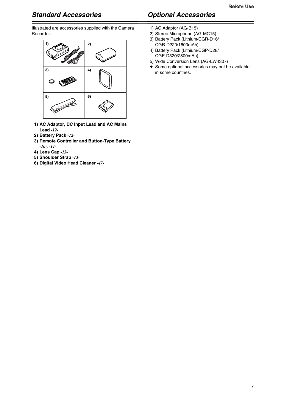 Standard accessories, Optional accessories | Panasonic AG-DVC7P User Manual | Page 7 / 54