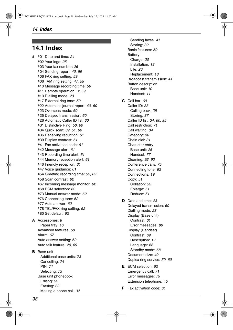 Index, 1 index, Index 98 | Panasonic KX-FC238HK User Manual | Page 100 / 106