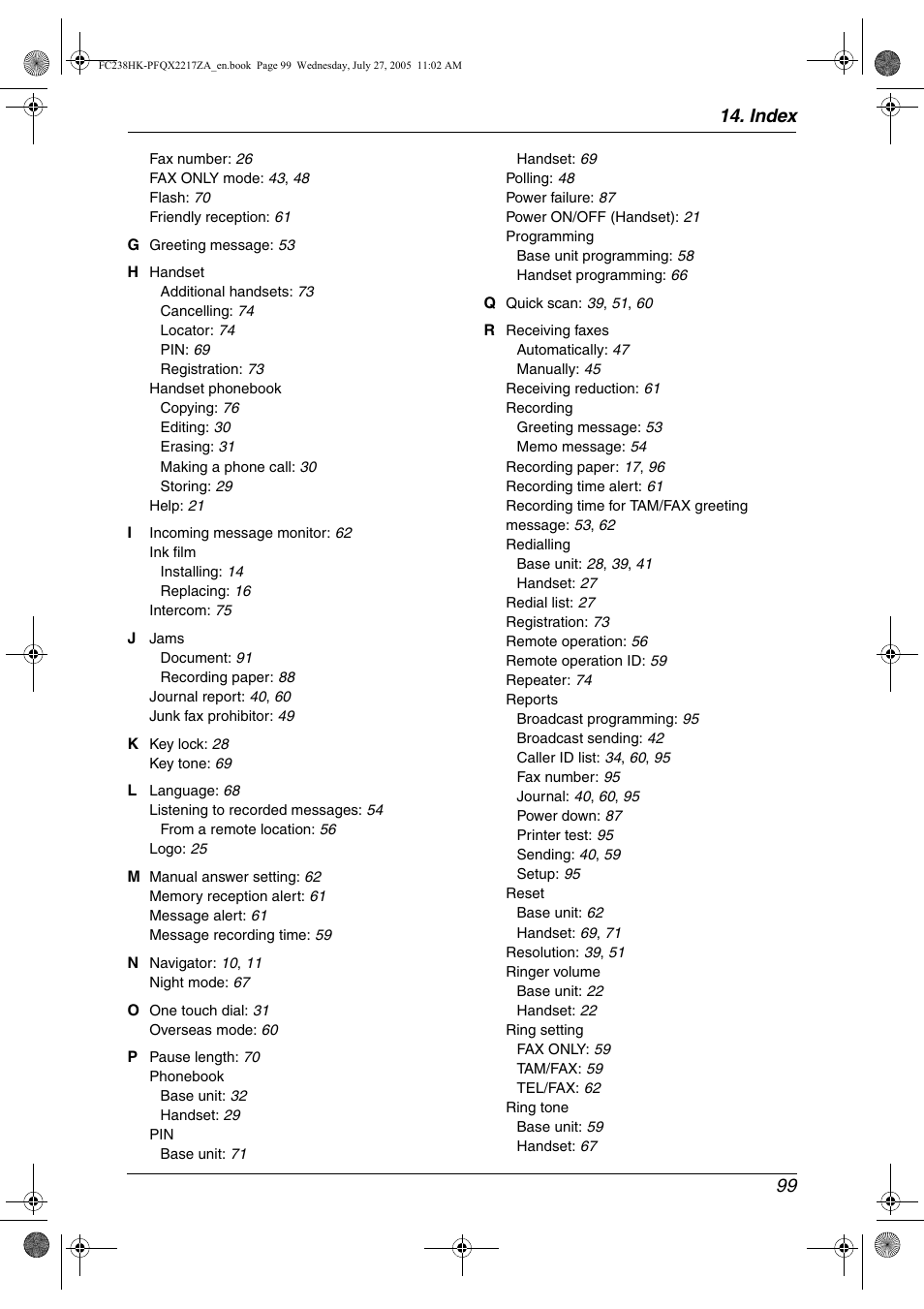 Index 99 | Panasonic KX-FC238HK User Manual | Page 101 / 106