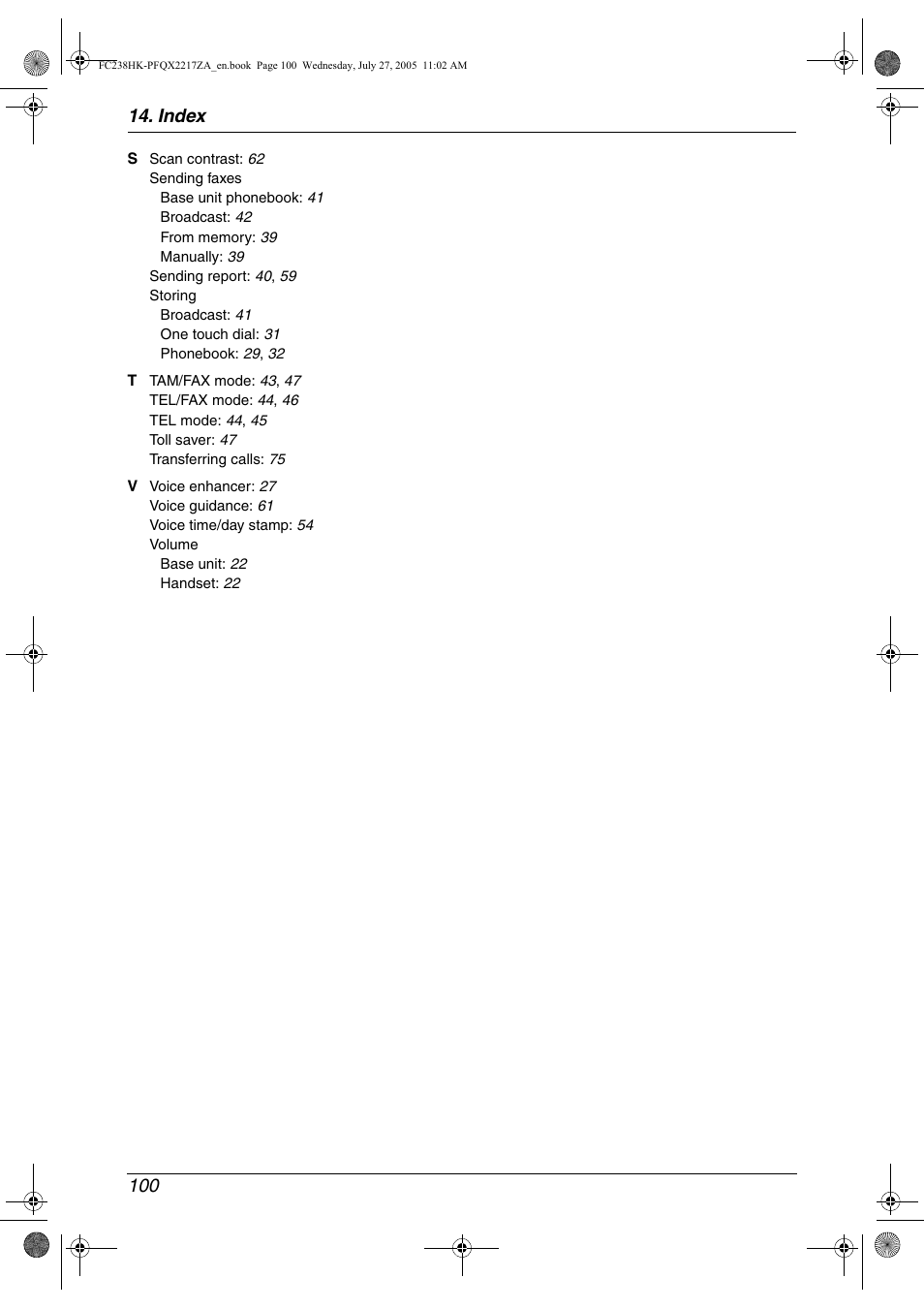 Index 100 | Panasonic KX-FC238HK User Manual | Page 102 / 106