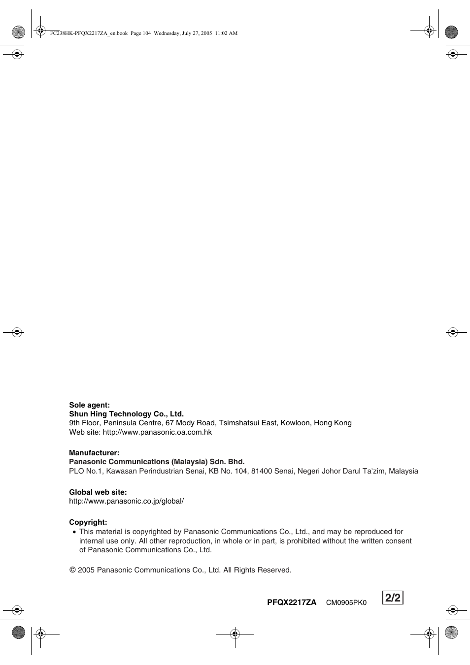 Panasonic KX-FC238HK User Manual | Page 106 / 106