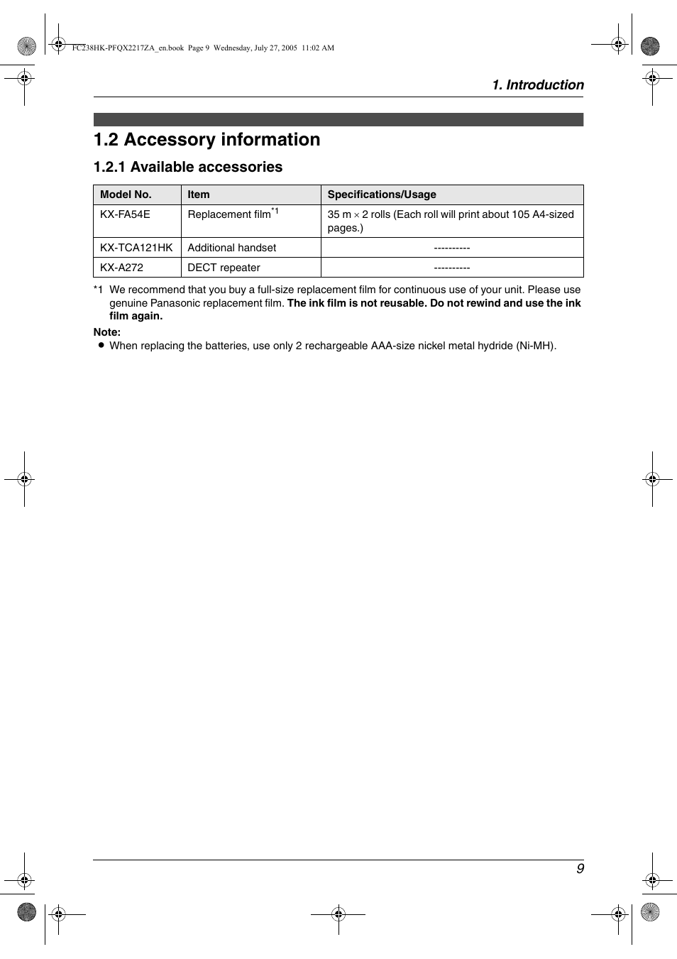 2 accessory information, Accessory information, 2 accessory information | 1 available accessories | Panasonic KX-FC238HK User Manual | Page 11 / 106