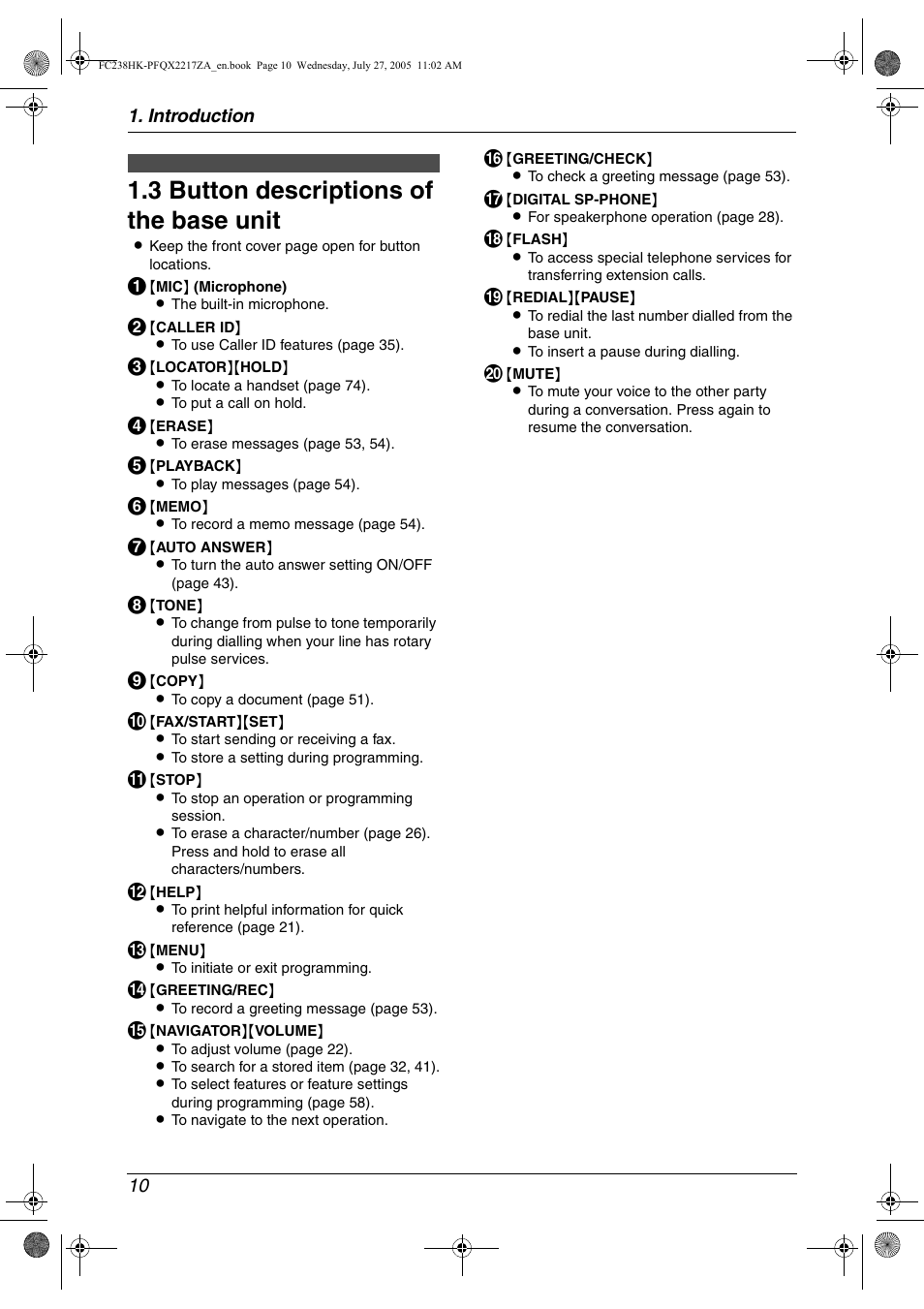 Finding the controls, 3 button descriptions of the base unit, Button descriptions of the base unit . 10 | 3 button descriptions of the base unit | Panasonic KX-FC238HK User Manual | Page 12 / 106