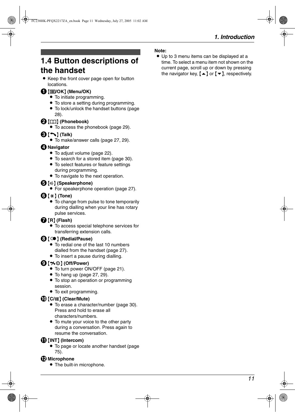 4 button descriptions of the handset, Button descriptions of the handset, 4 button descriptions of the handset | Panasonic KX-FC238HK User Manual | Page 13 / 106