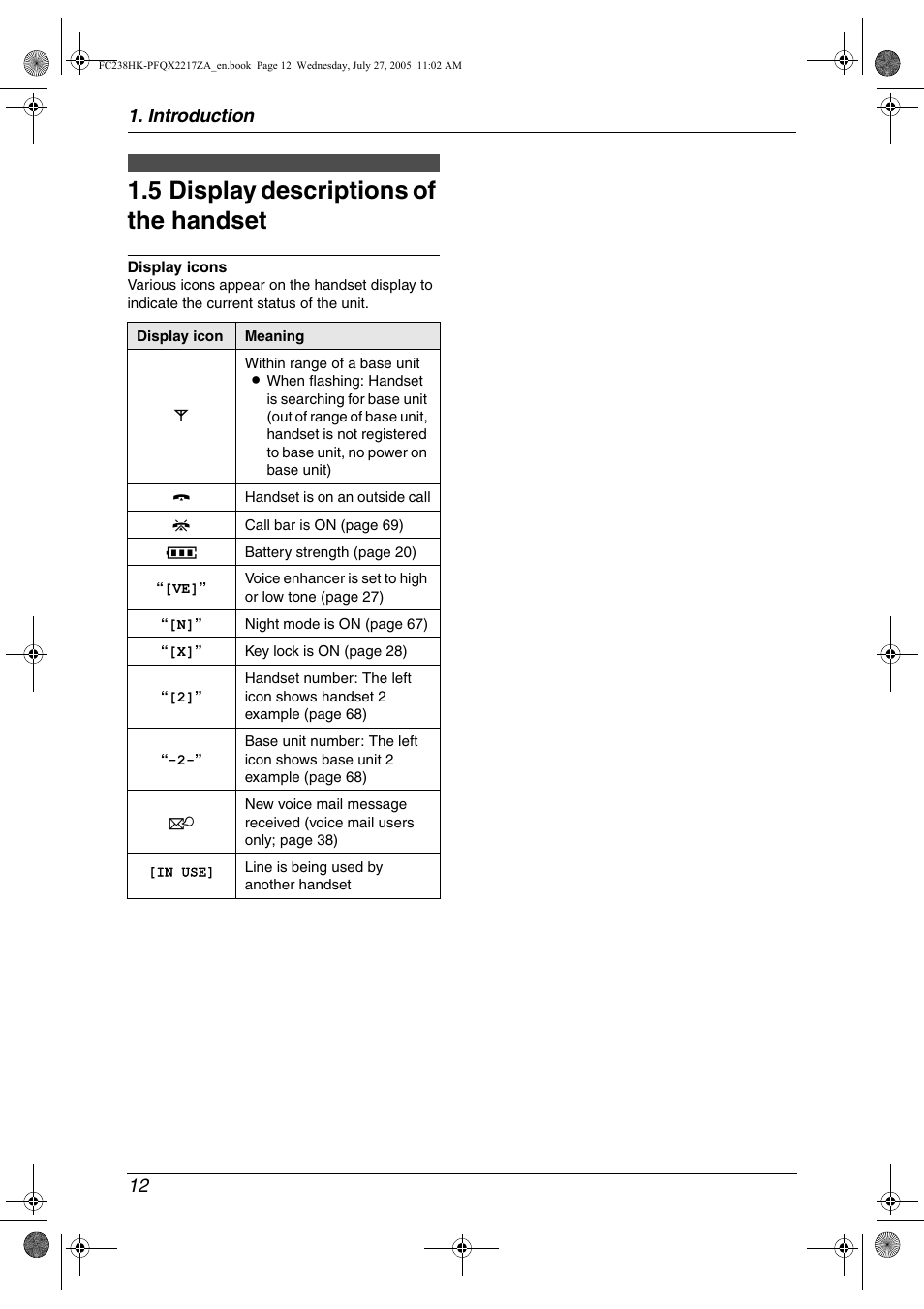5 display descriptions of the handset, Display descriptions of the handset, 5 display descriptions of the handset | Introduction 12 | Panasonic KX-FC238HK User Manual | Page 14 / 106