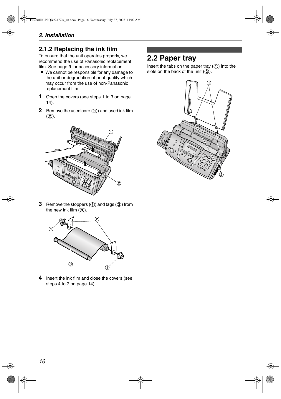 2 paper tray, Paper tray, 2 paper tray | 2 replacing the ink film | Panasonic KX-FC238HK User Manual | Page 18 / 106
