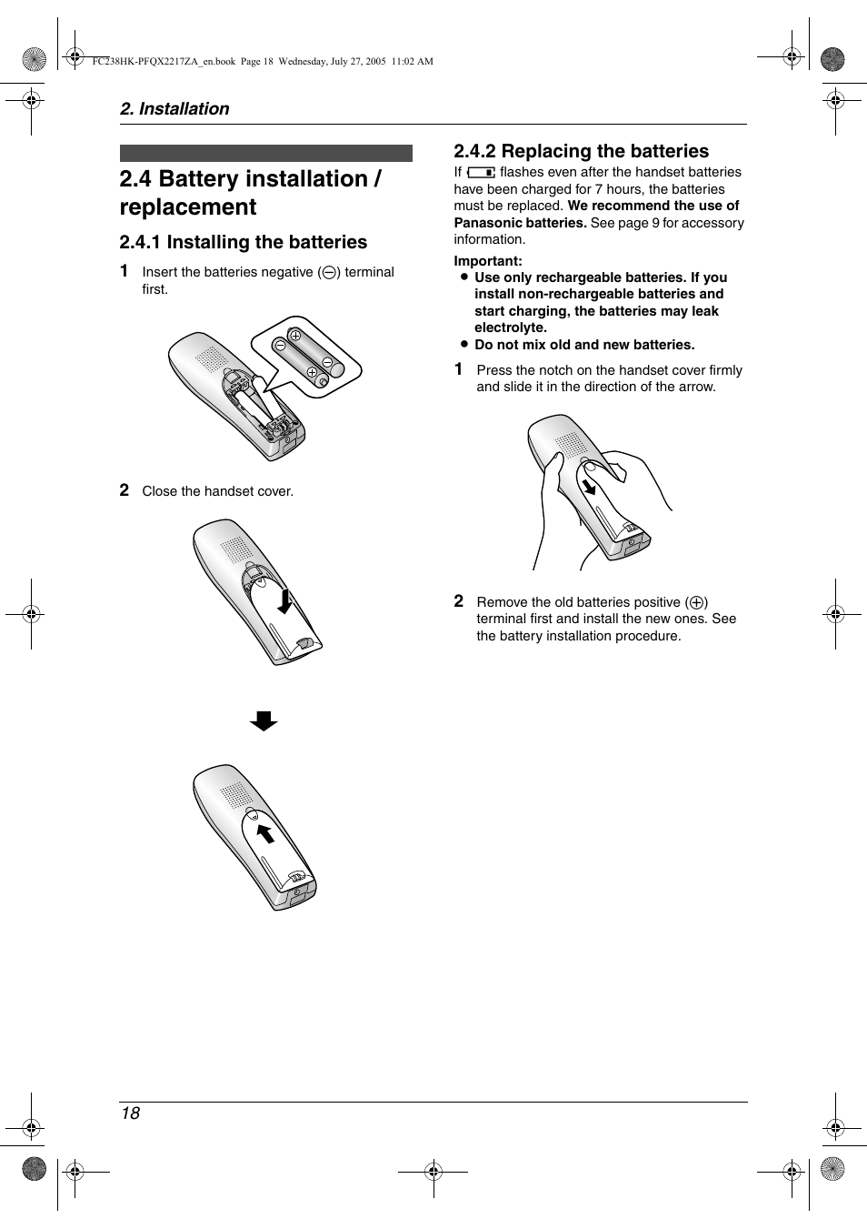 Handset, 4 battery installation / replacement, Battery installation / replacement | 4 battery installation / replacement, 1 installing the batteries, 2 replacing the batteries | Panasonic KX-FC238HK User Manual | Page 20 / 106