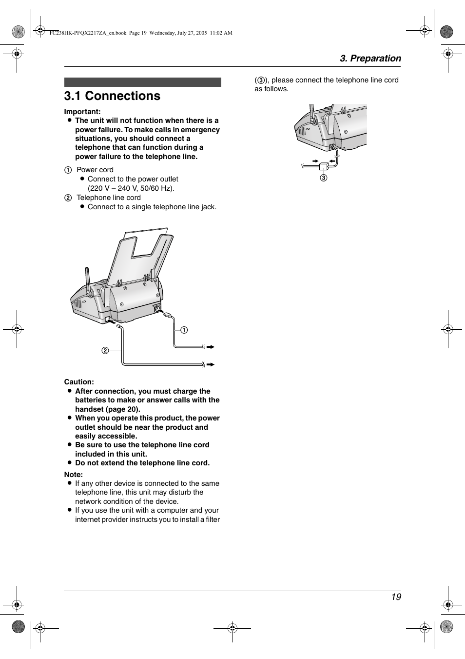 Preparation, Connections and setup, 1 connections | Connections, 1 connections, Preparation 19 | Panasonic KX-FC238HK User Manual | Page 21 / 106