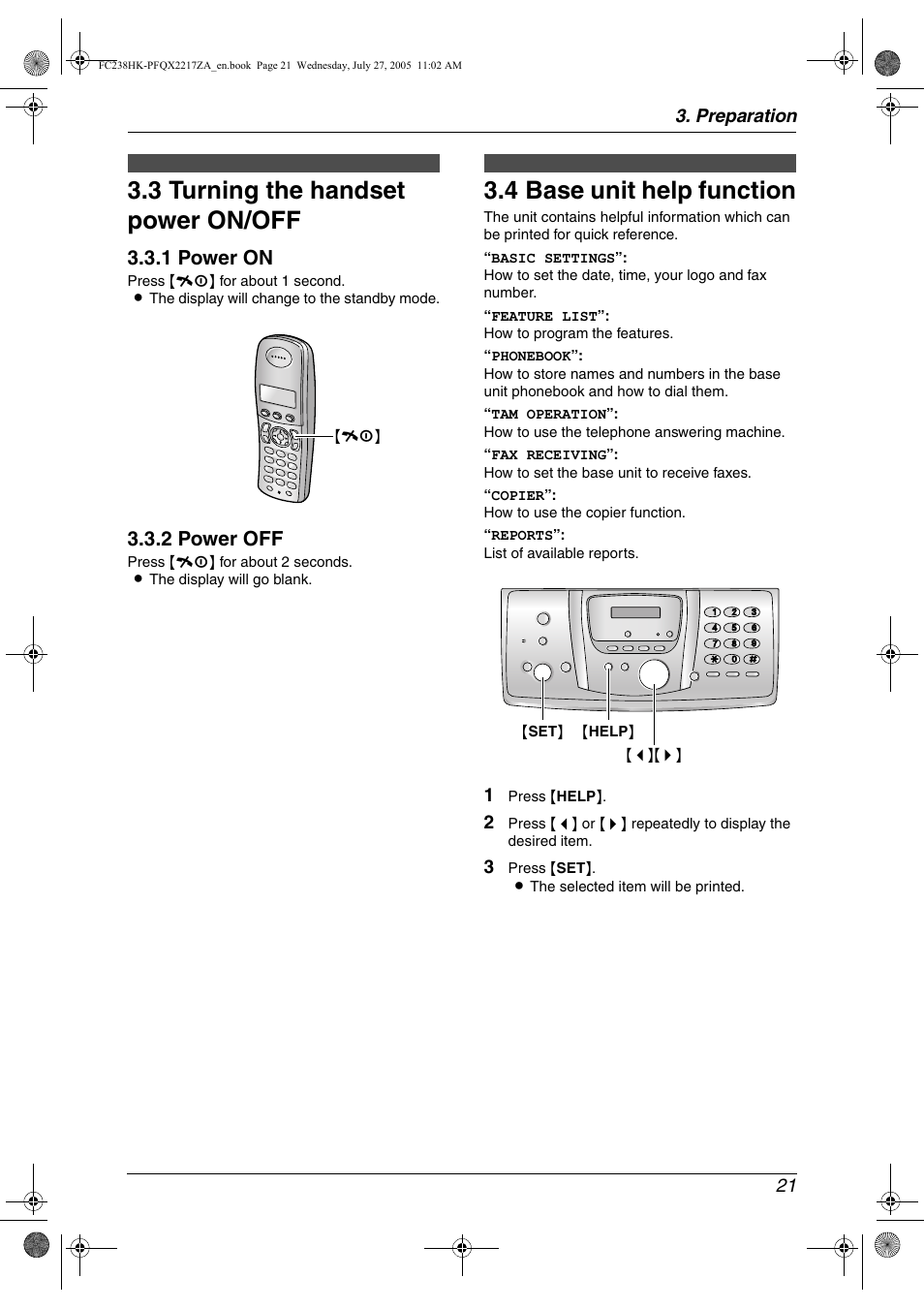 3 turning the handset power on/off, Help button, 4 base unit help function | Turning the handset power on/off 21, Base unit help function, 3 turning the handset power on/off, 4 base unit help function, 1 power on, 2 power off | Panasonic KX-FC238HK User Manual | Page 23 / 106
