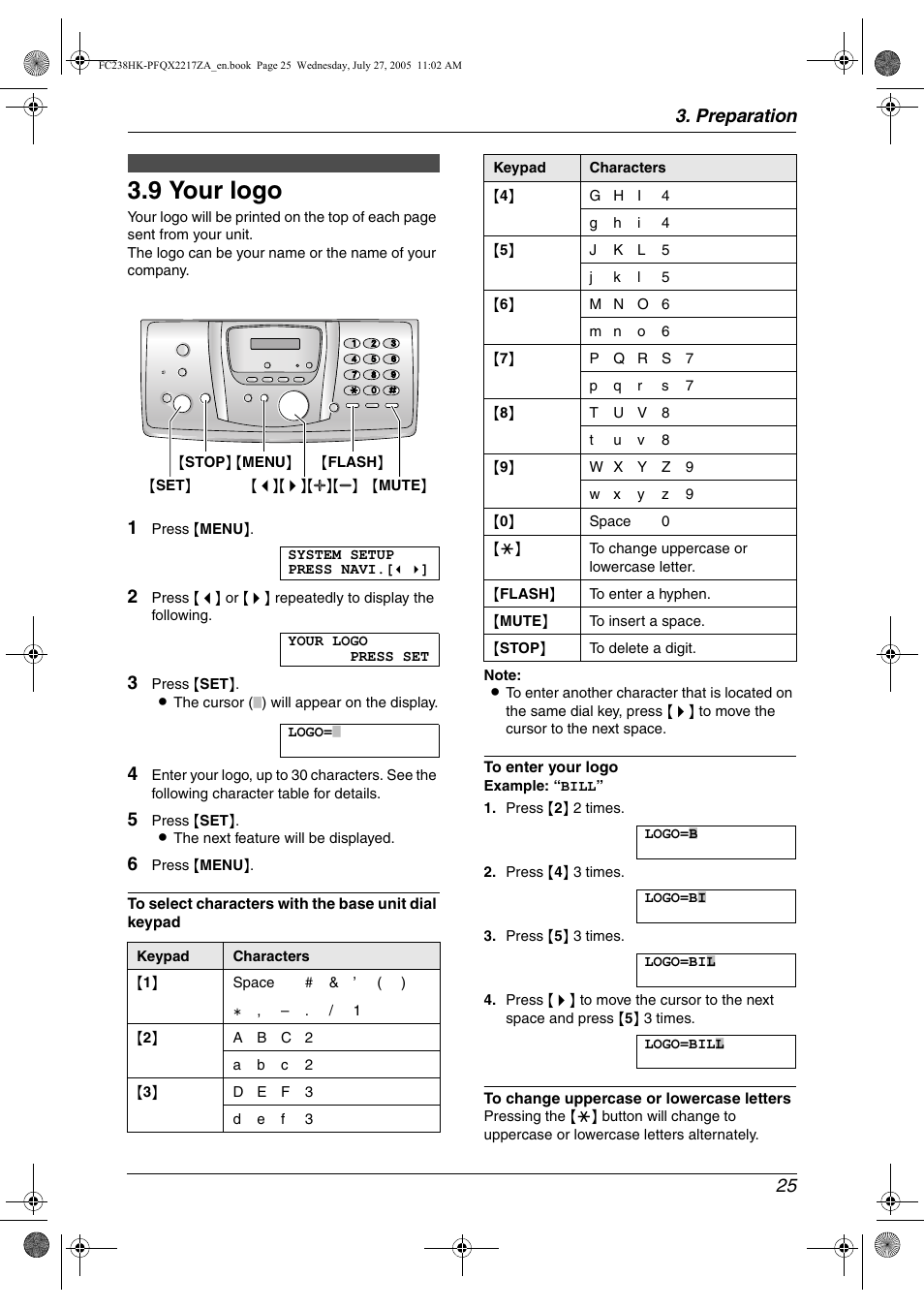 9 your logo, Your logo, 9 your logo | Preparation 25 | Panasonic KX-FC238HK User Manual | Page 27 / 106