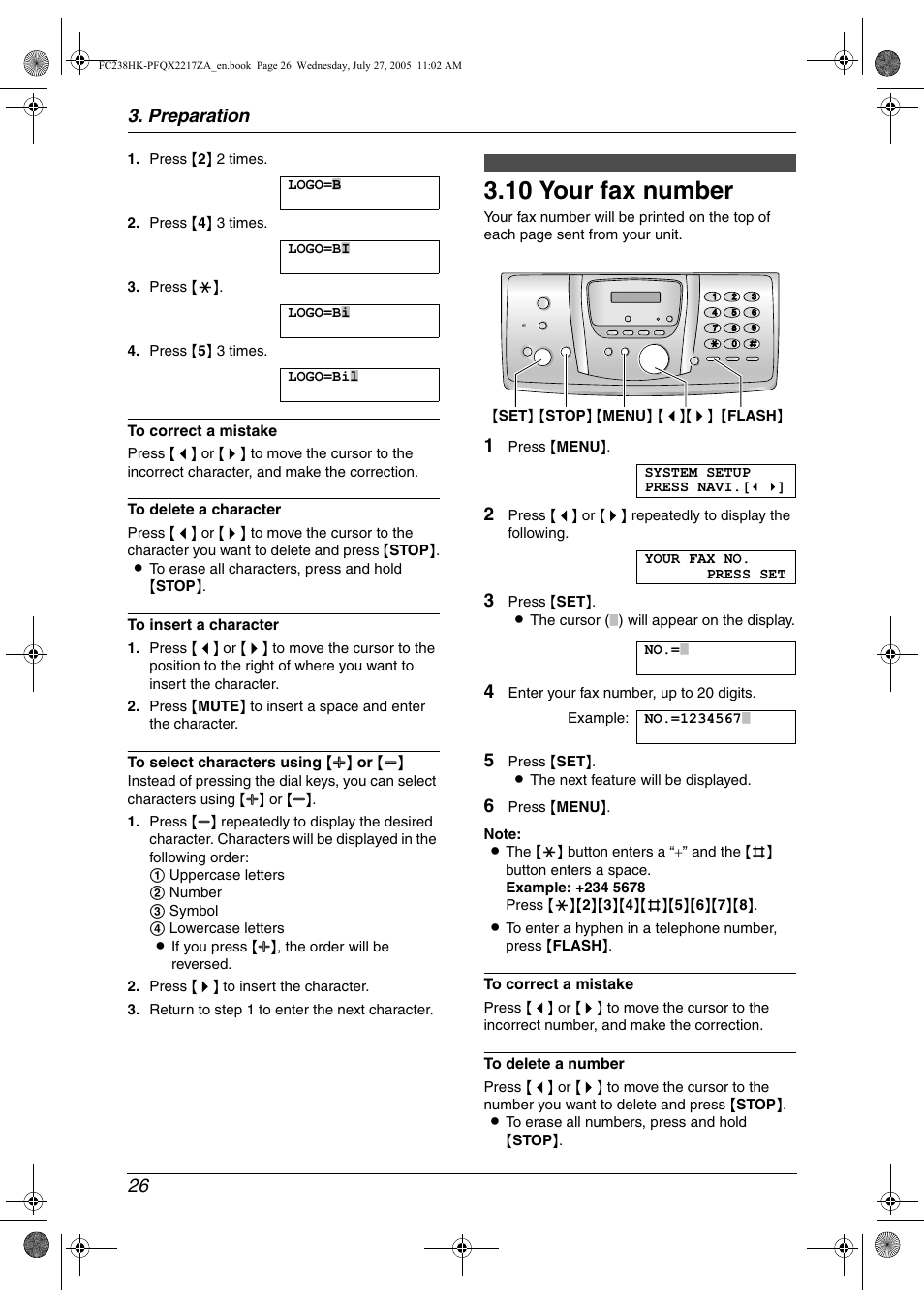 10 your fax number, Your fax number, 10 your fax number | Preparation 26 | Panasonic KX-FC238HK User Manual | Page 28 / 106