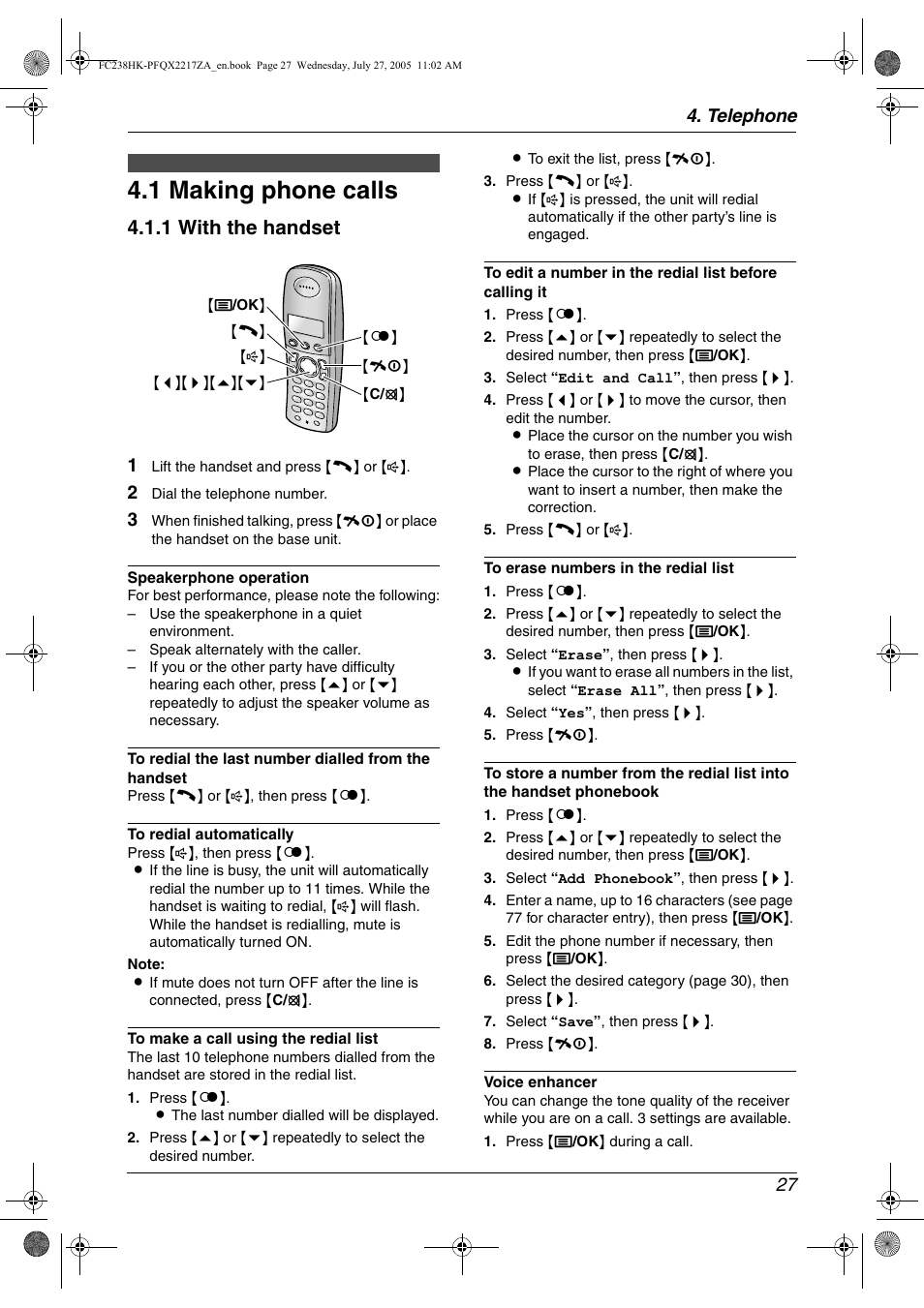 Telephone, Making and answering calls, 1 making phone calls | Making phone calls, 1 making phone calls, 1 with the handset, Telephone 27 | Panasonic KX-FC238HK User Manual | Page 29 / 106