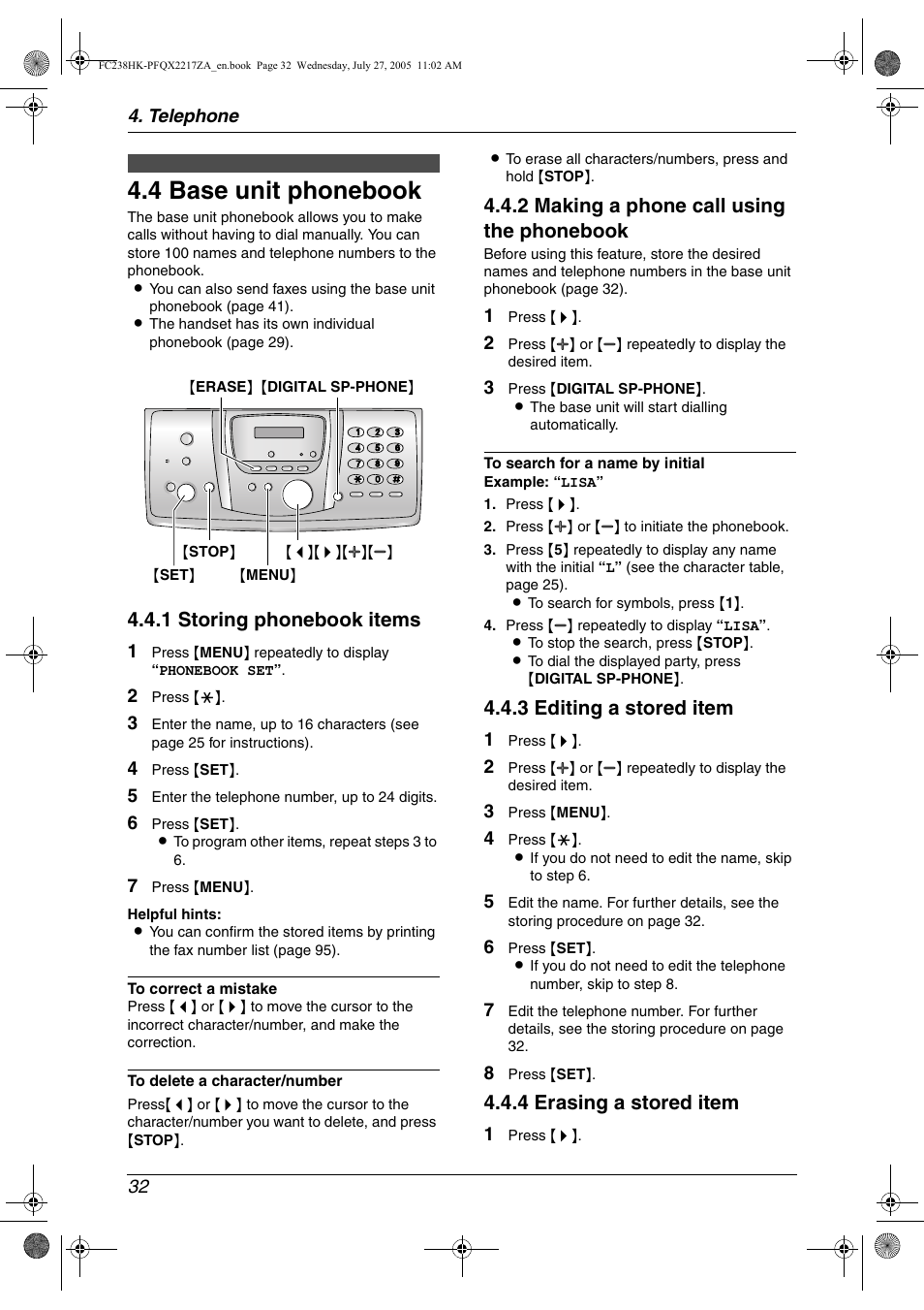 4 base unit phonebook, Base unit phonebook, 4 base unit phonebook | 1 storing phonebook items, 2 making a phone call using the phonebook, 3 editing a stored item, 4 erasing a stored item | Panasonic KX-FC238HK User Manual | Page 34 / 106